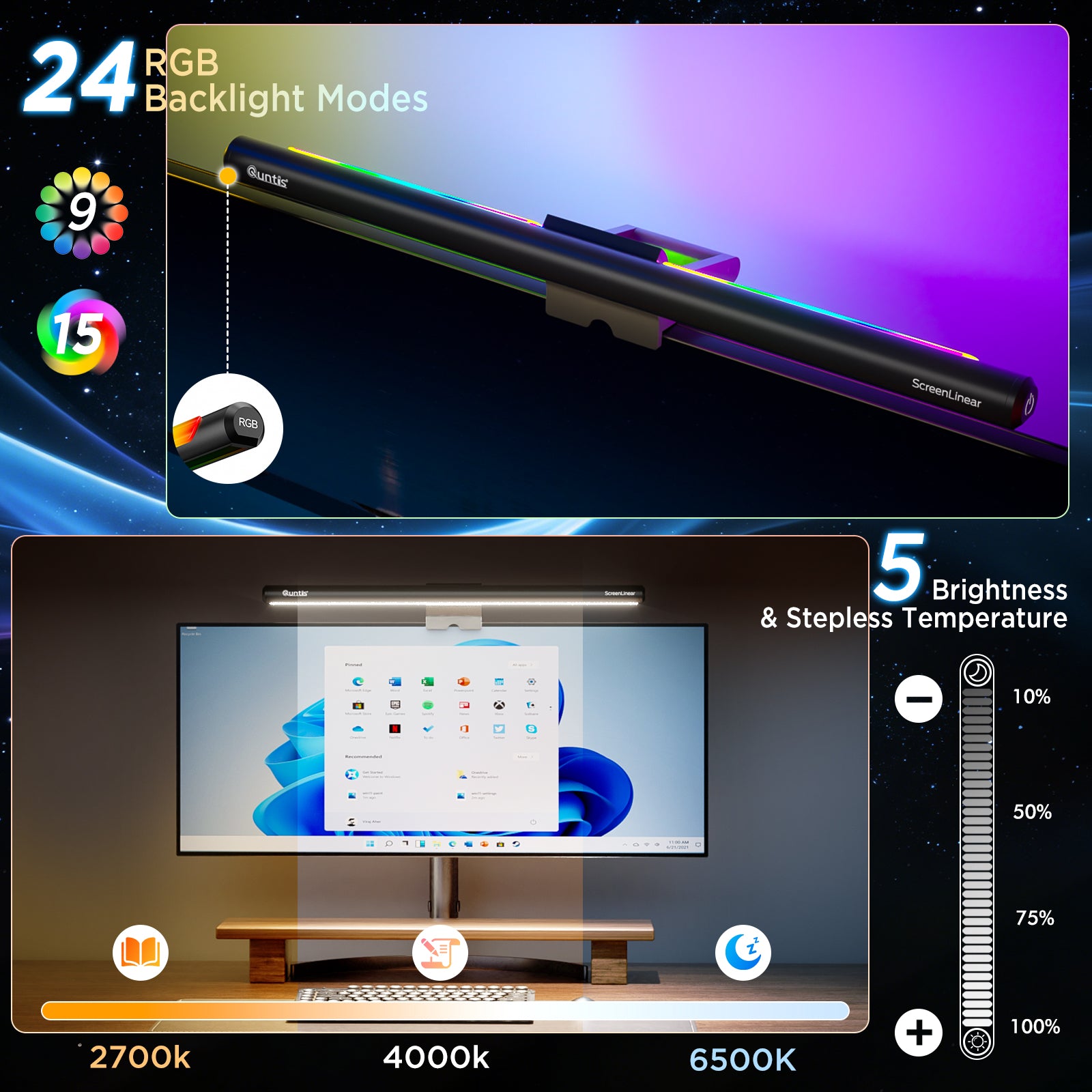 Quntis Monitor Light Bar IM 40 cm (15.7 inch) Black - RGB Dimmable Screenbar, USB Powered Eye-Care Task Light for Computer Monitor