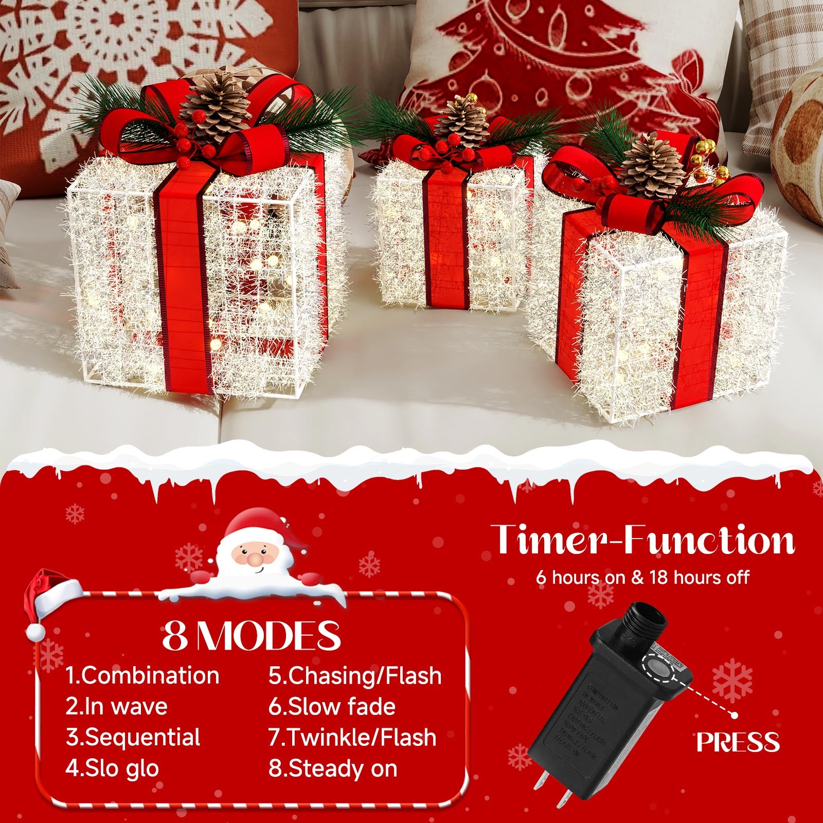 Christmas Lighted Boxes Decorations, Quntis 8 Modes 3 Lighted Boxes with Plug, Bows, Pine Cones, Gift Boxes Christmas Decorations for Christmas Tree Indoor/Outdoor