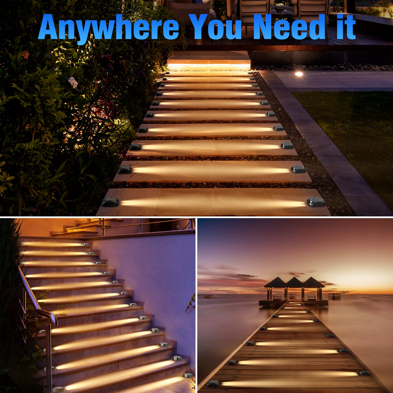 Quntis Solar Deck Lights, IP65 Waterproof Warm White Dusk to Dawn Outdoor Ground Lights for Deck, Step & Pathway