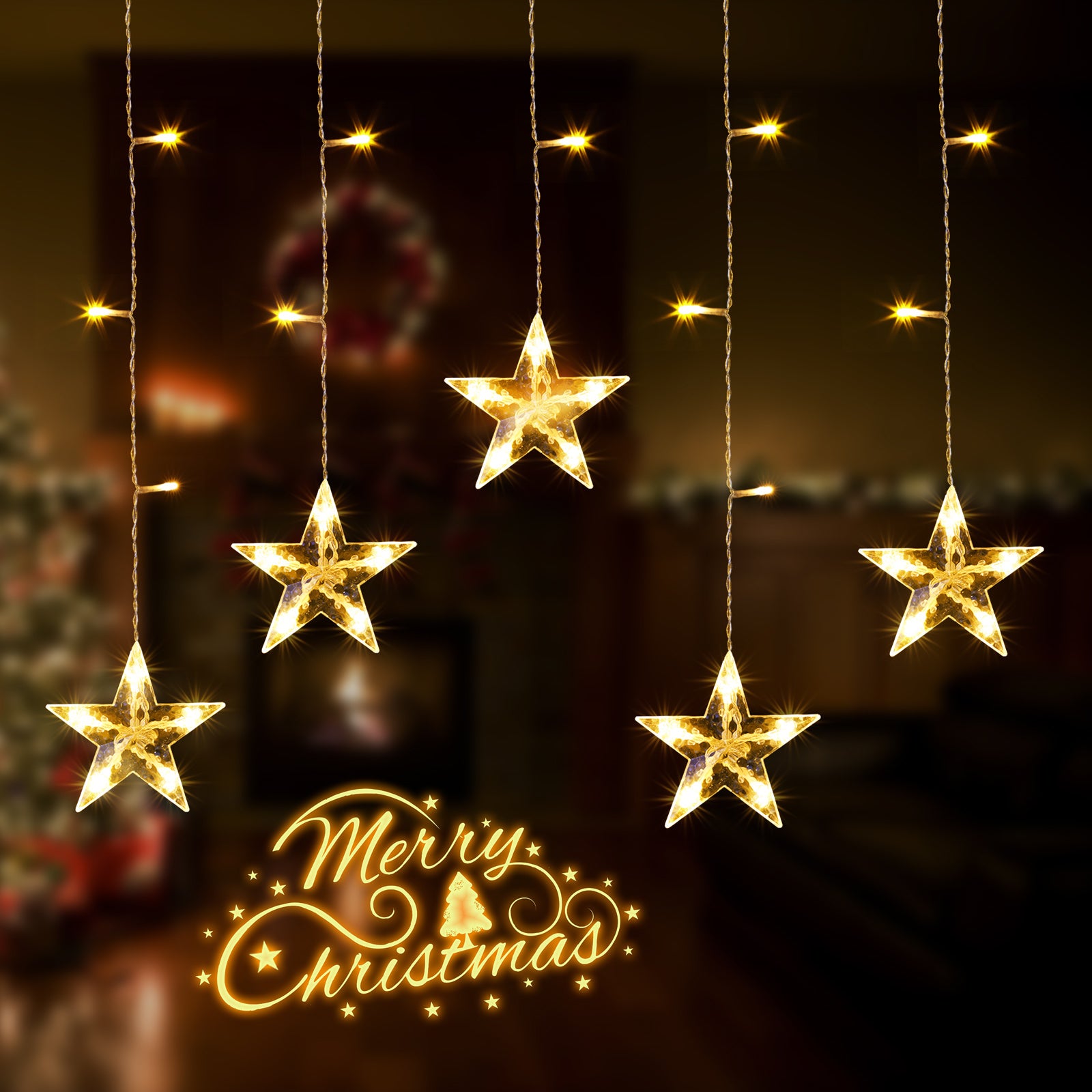 Quntis Luces de Cortina Estrelladas – 5 Estrellas Centelleantes, 36 LEDs, Funcionamiento a Batería con Temporizador y 8 Modos, Luces de Cuerda de Hadas para Decoración de Dormitorio, Ventana y Fiesta