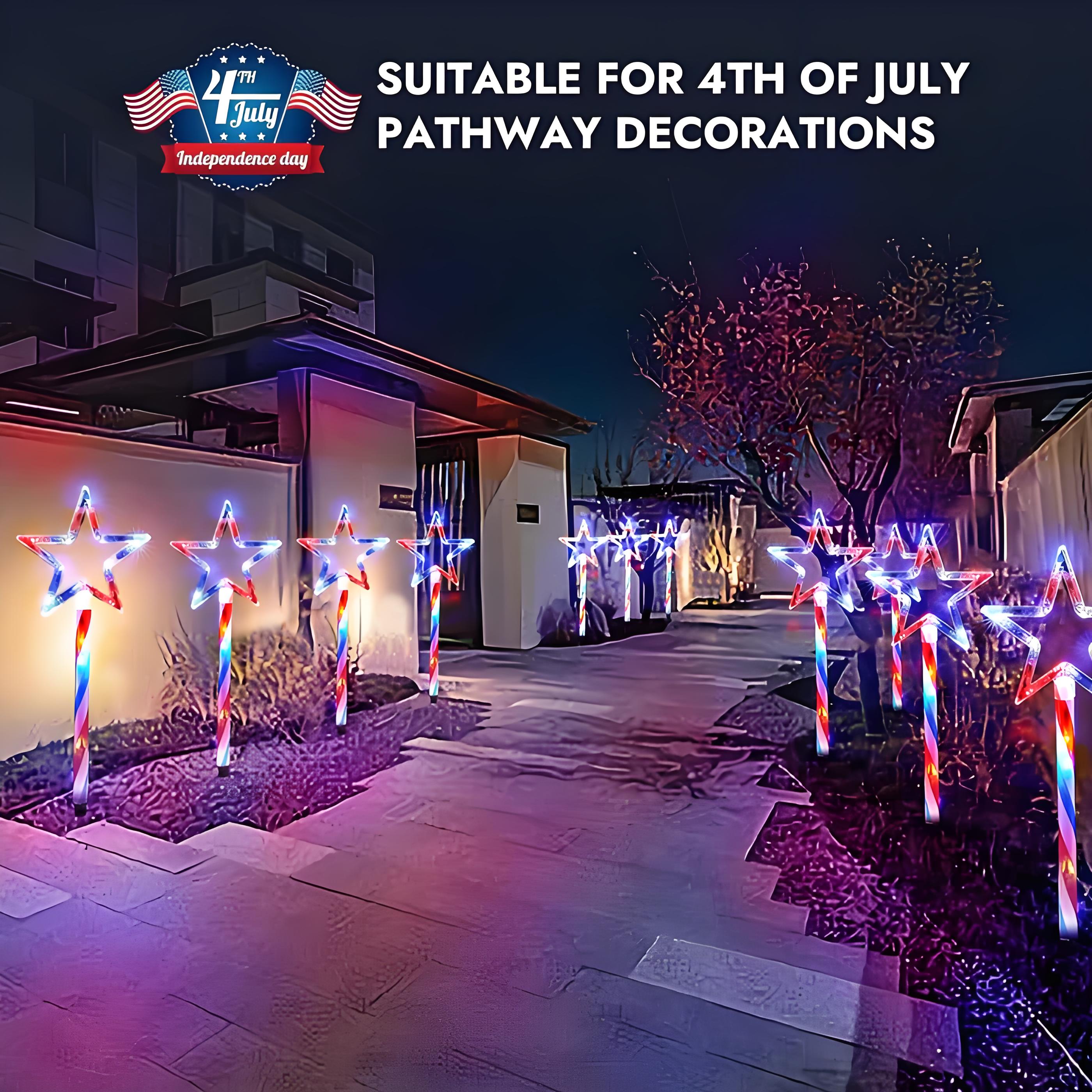 4-Pack Patriotic Solar Pathway Lights – Red, White & Blue Star Outdoor Decorations with Waterproof Stakes, 8 Lighting Modes for 4th of July & Christmas