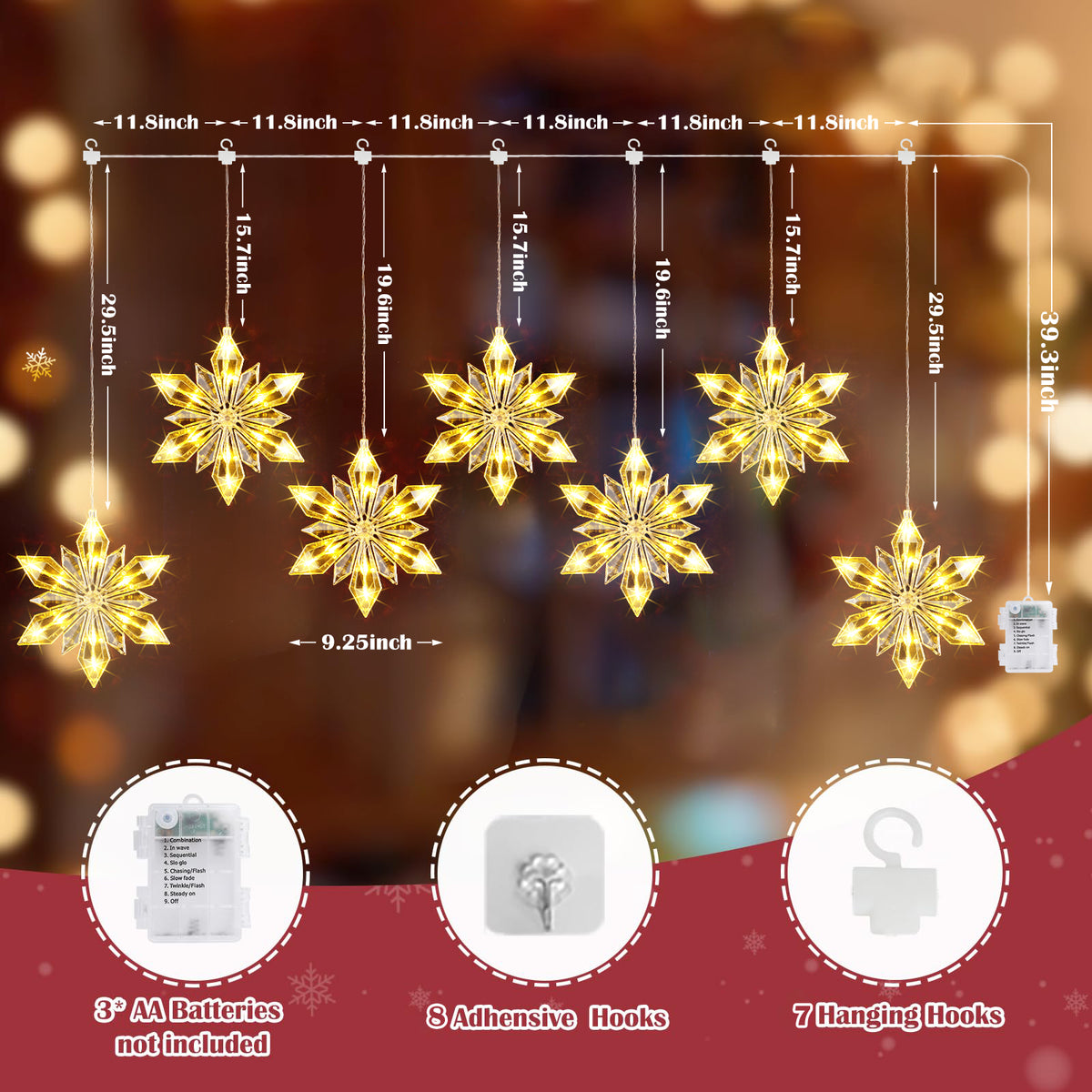 Quntis 7-teiliges Kristallschneeflocken-Fensterlicht, 84 warmweiße LEDs, batteriebetrieben