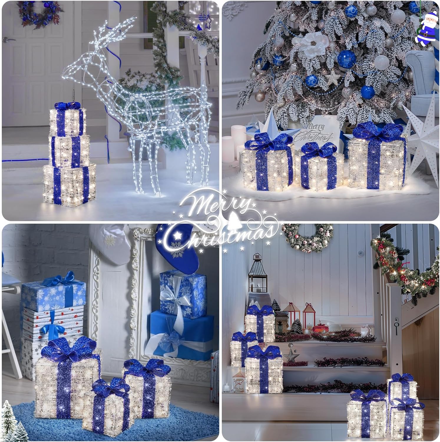 Blue Christmas Lighted Gift Boxes, 140 LEDs, Set of 3 – 8 Modes & Timer Function for Indoor/Outdoor Holiday Decor
