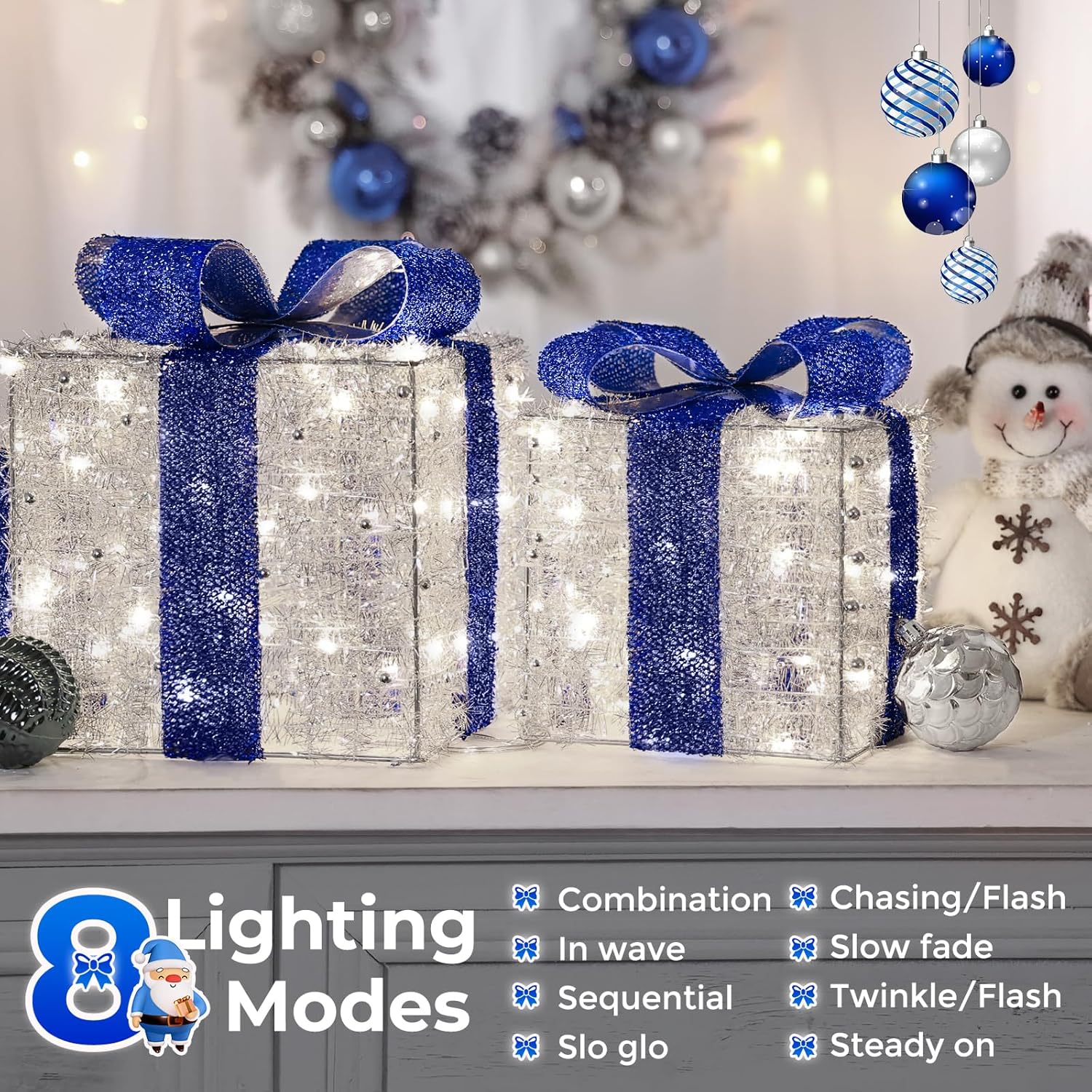Blue Christmas Lighted Gift Boxes, 140 LEDs, Set of 3 – 8 Modes & Timer Function for Indoor/Outdoor Holiday Decor
