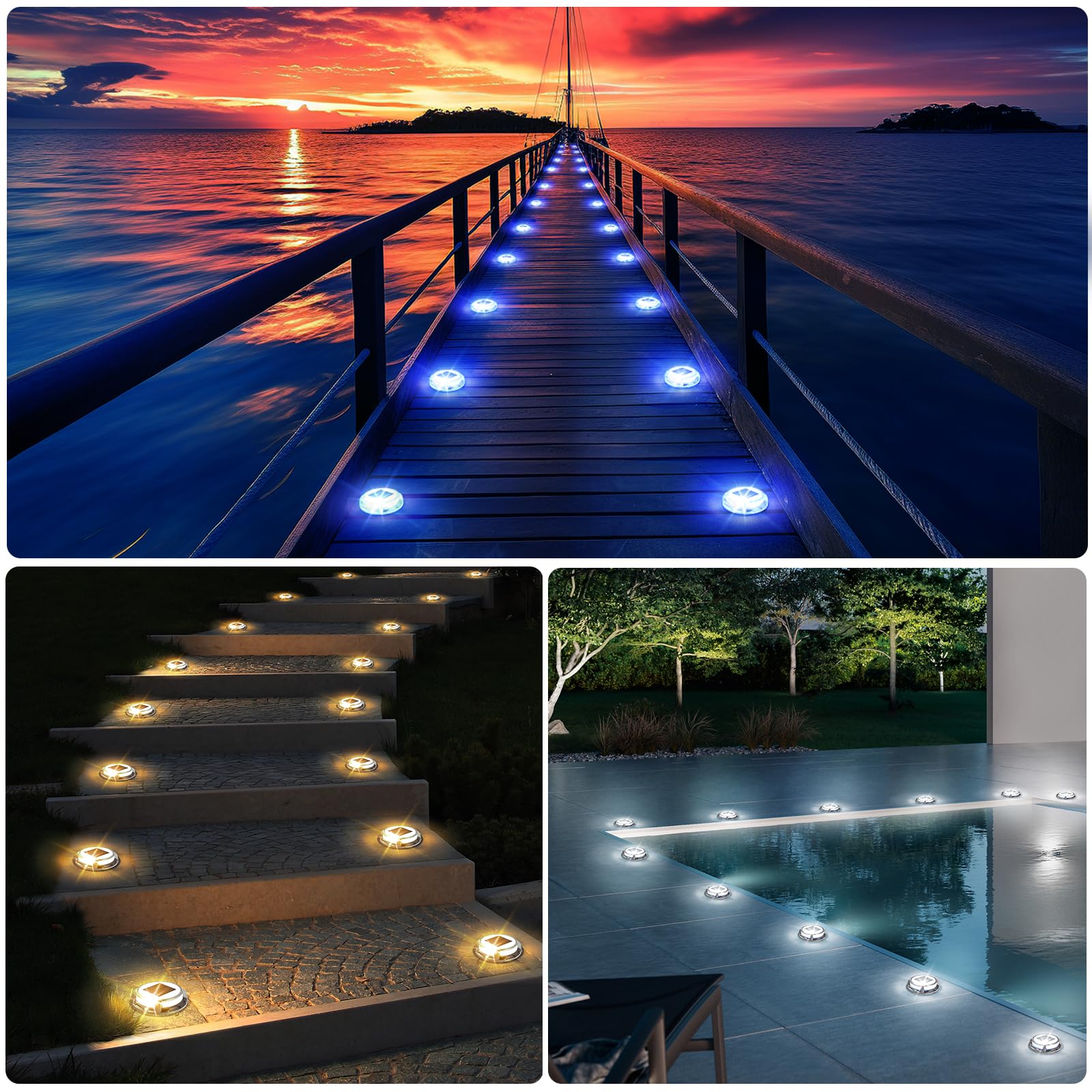 Solar Decklichter, 3 Farben in 1 Solarlichter für den Außenbereich, IP68 wasserdichte Solar-Docklichter mit Erdspießen, breiter Beleuchtungsbereich für Einfahrt, Garten, Treppe, Weg und Gehweg.