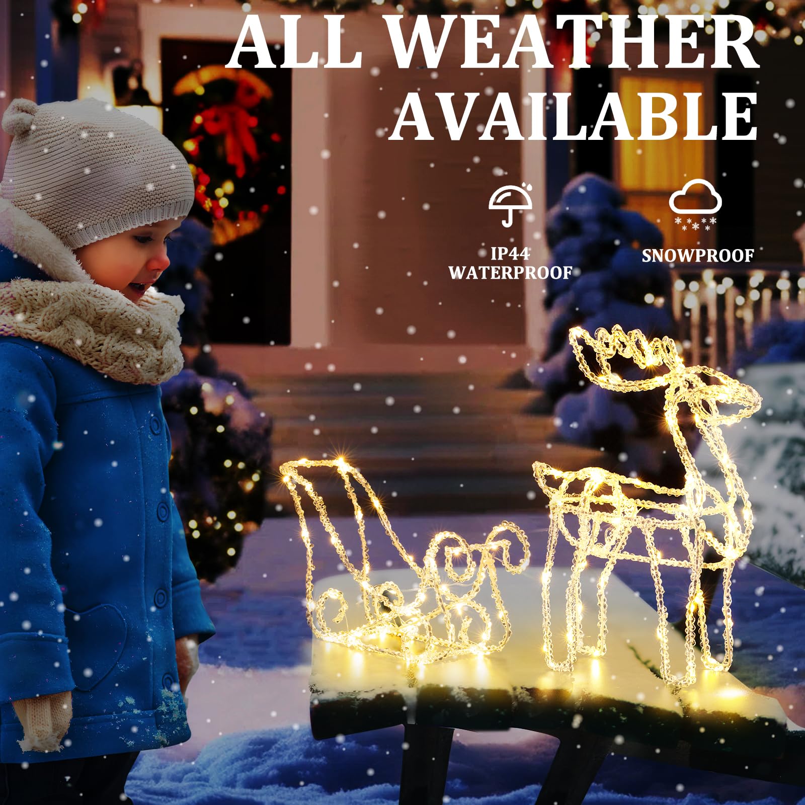 Quntis Set aus 2 Weihnachtslichtern – 3D-Elch zieht Schlitten Weihnachtsdeko, beleuchtete Acryl-Dekoration mit 100 LED-Lichtern für Innen- und Außenbereich Weihnachtsbaum, Garten, Rasen und Kamin