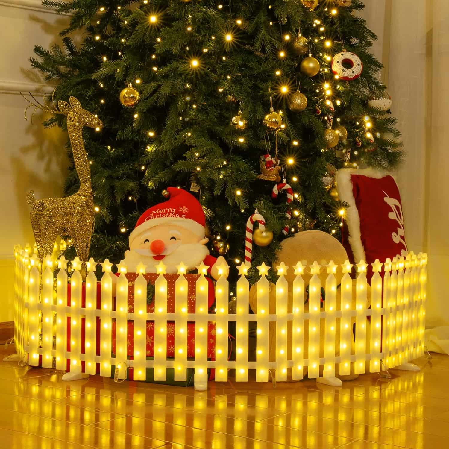 Quntis 8 Pack 288LED Christmas Tree Fence,Lighted Christmas Decorative Fence Xmas Tree Pattern with 8 Modes&Memory Function Connectable,Waterproof Picket Fence for Garden Christmas Tree Decoration