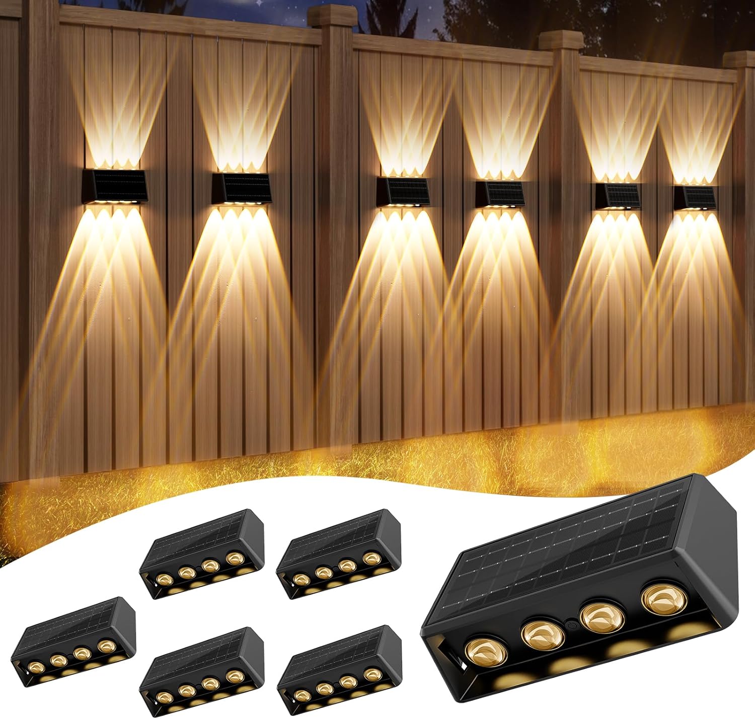 Quntis 6-Pack RGBCW Solar Fence Lights, Up and Down Wall Lights, 8 LED, 13 Color Modes, IP65 Waterproof, Outdoor Solar Lights for Garden, Porch, Yard, Stairs