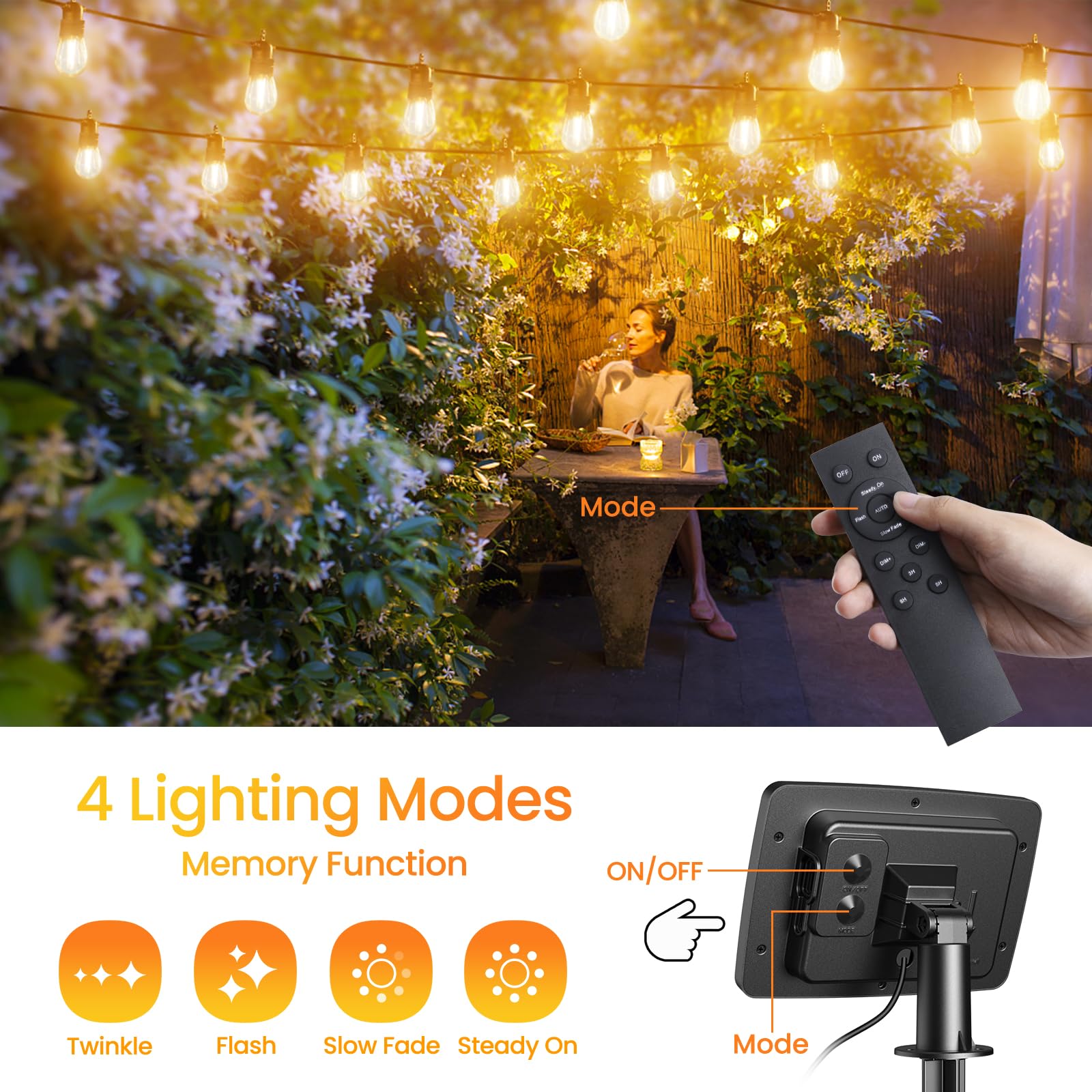 GlobaLink Solar Festoon Lights Outdoor, 57ft/17M S14 Dimmable Outdoor String Lights Solar Powered with Remote Control, IP65 Waterproof Outside Solar Lights with 4 Modes & Timer for Garden Patio Gazebo