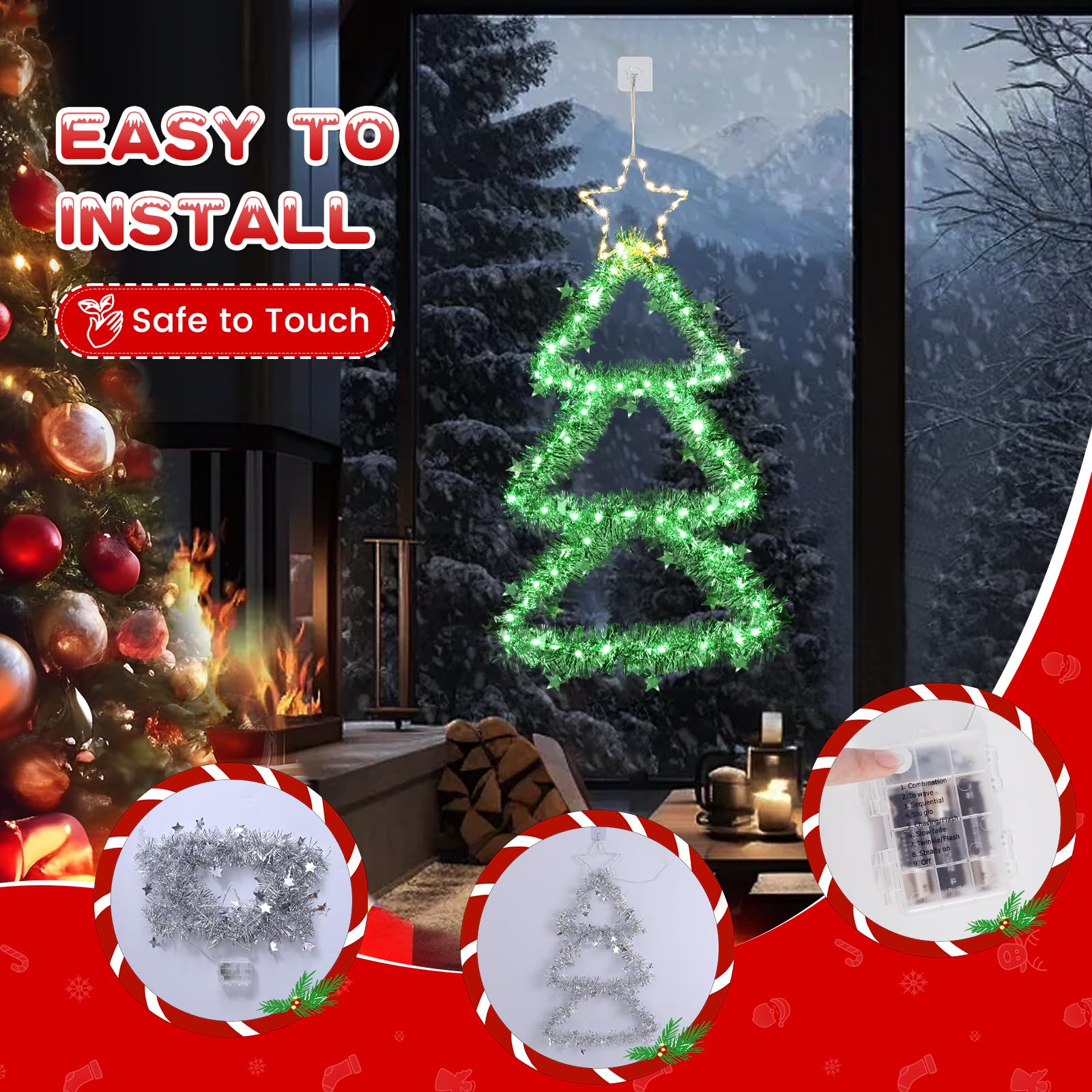 Quntis LED Christmas Decorations Lights, Green Lighted Christmas Tree with Silver Tinsel and Warm White Star Topper, Battery Operated Hanging Lights for Indoor Outdoor, Window Wall Door Home Decor