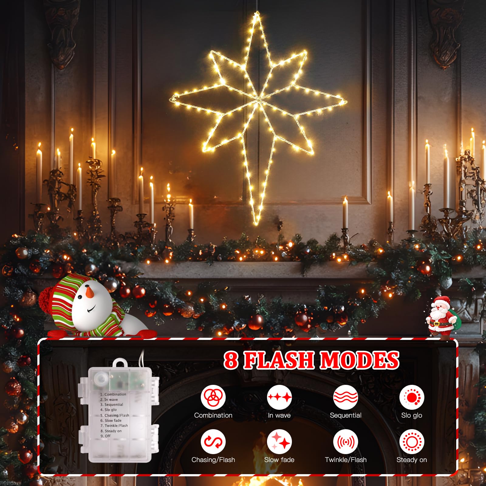 Quntis Luces de Ventana Estrella de Belén de 58cm, 118LEDs, Alimentación a Batería con 8 Modos y Temporizador, Blanco Cálido para Decoración Navideña Interior/Exterior (1 Paquete)