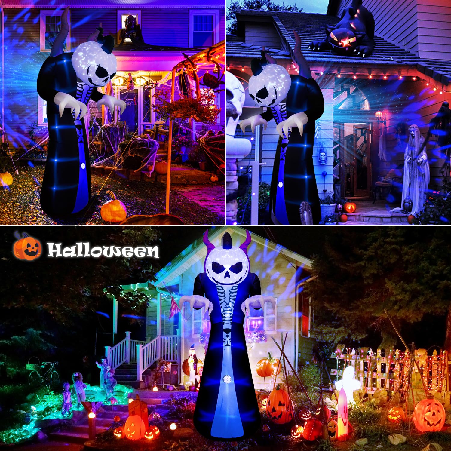10FT Halloween Aufblasbarer Sensenmann – Schreiendes Horn, Flammenprojektion und Kürbiskopf, Außen Aufblasbare Garten Dekoration für Rasen und Garten