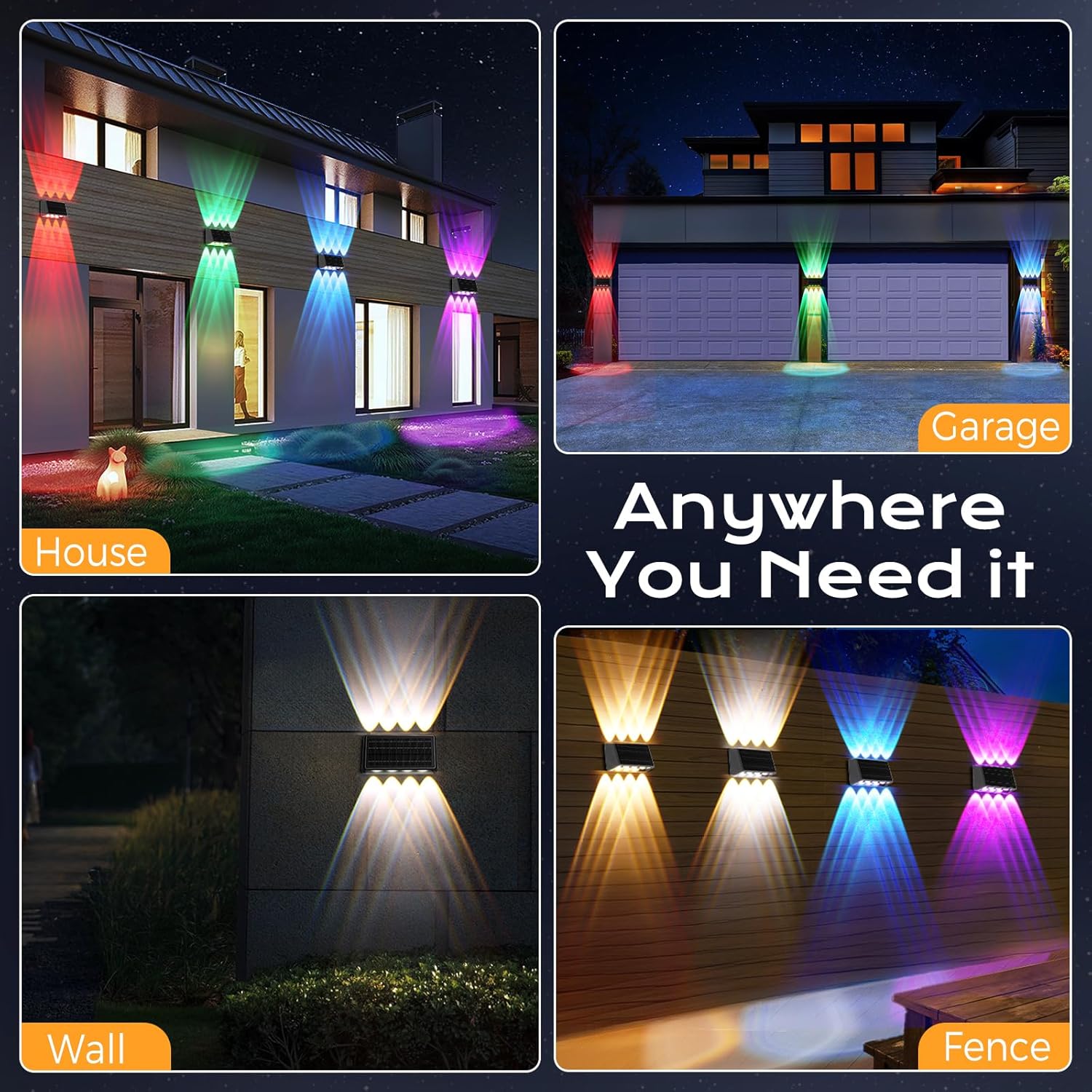 Quntis 6-Pack RGBCW Solar Fence Lights, Up and Down Wall Lights, 8 LED, 13 Color Modes, IP65 Waterproof, Outdoor Solar Lights for Garden, Porch, Yard, Stairs