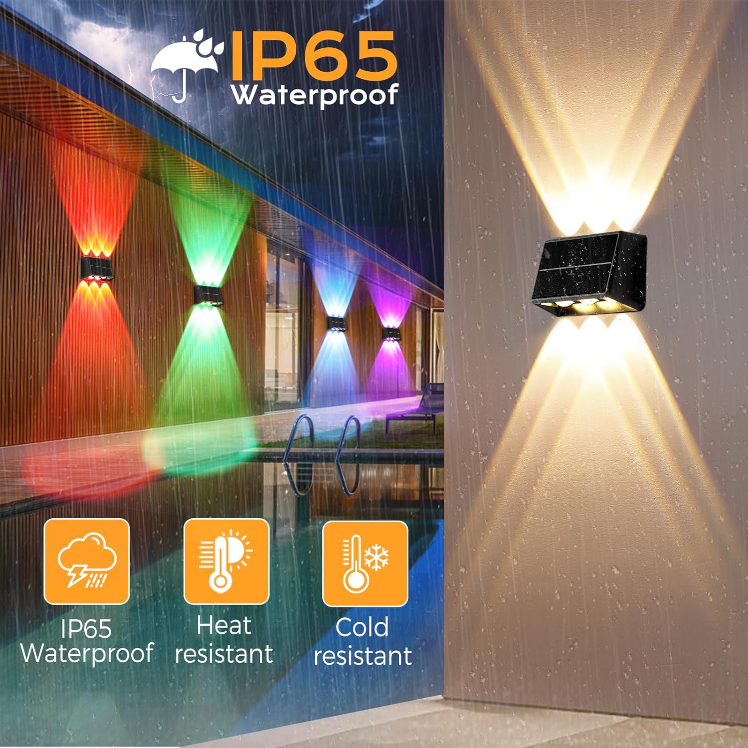 Quntis RGBCW Solar Fence Lights (4 Pack), 6-LED Up and Down Outdoor Wall Lights, IP65 Waterproof Wireless Solar Powered Sconces for Garden, Yard, Patio, and Pathway Decor