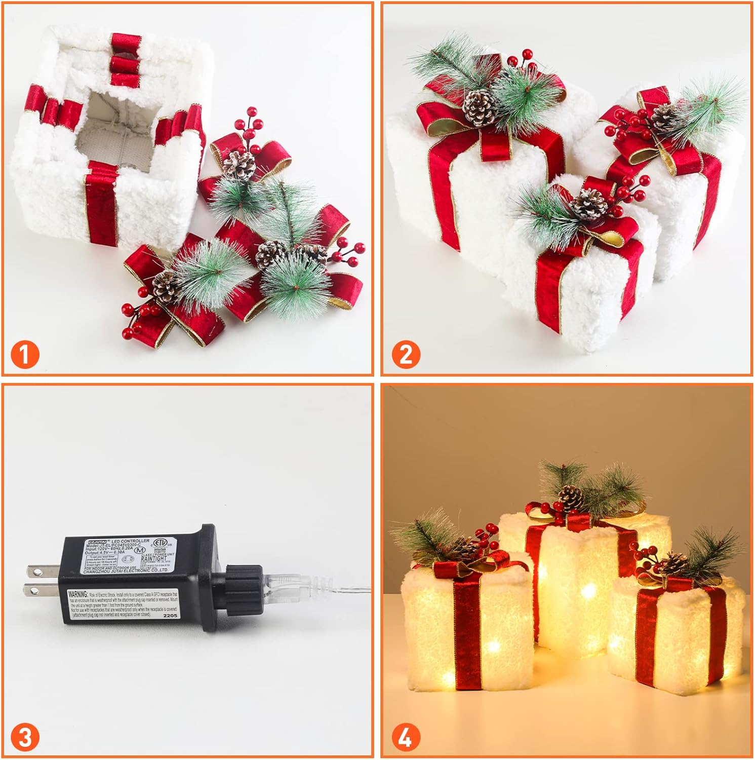 Christmas Lighted Gift Boxes, 8 Modes & Timing Function Set of 3 Plug-In Light Up Present Boxes with 60 LEDs Christmas Decorations Indoor Home Decor Christmas