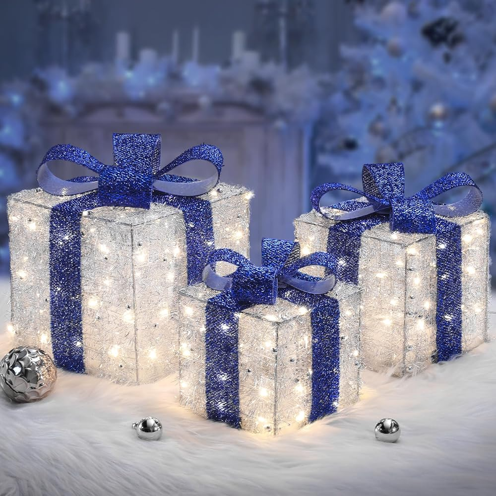 Blue Christmas Lighted Gift Boxes, 140 LEDs, Set of 3 – 8 Modes & Timer Function for Indoor/Outdoor Holiday Decor