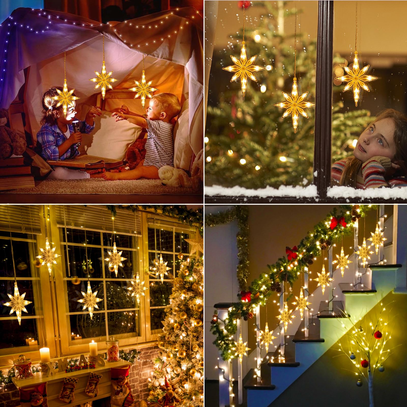 Quntis 3-in-1 Christmas Star Lights – LED Indoor & Outdoor Christmas Lights for Windows, Kitchen, Living Room, Dining Room, Warm White