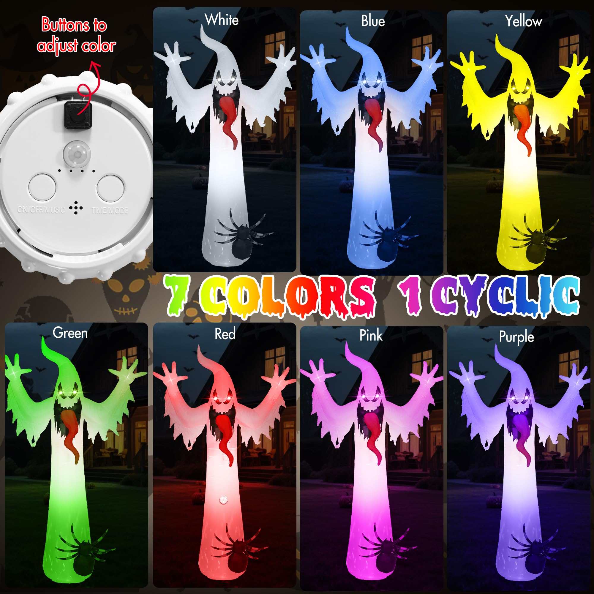 Quntis 12FT 8-Color Changing Halloween Inflatables Outdoor,Led Lighted Inflatable Spooky Ghost Spider Blow Up Yard Decorations with Scary Sound for Halloween Party Indoor,Yard,Garden,Lawn Decorations