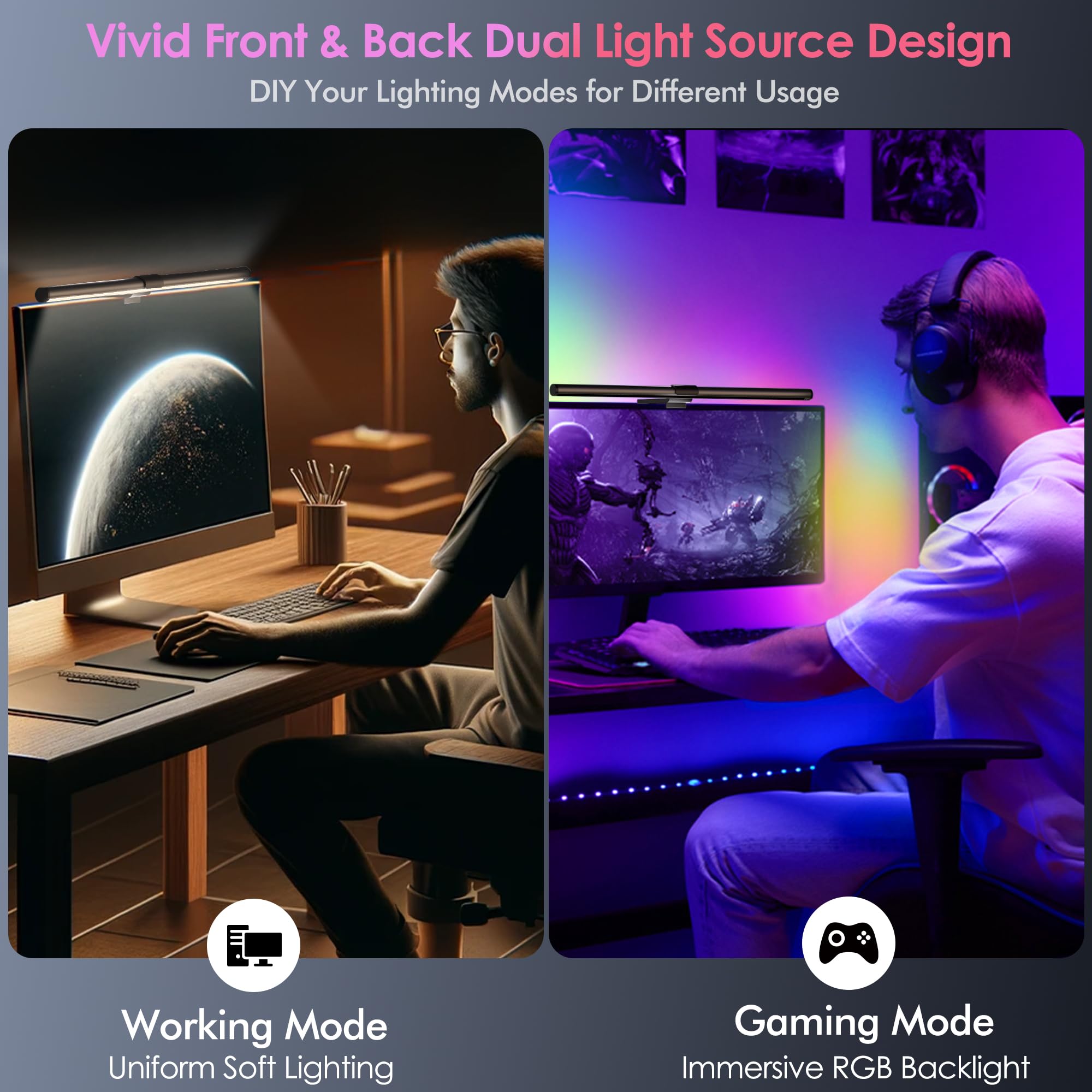 Quntis RGB Pro+ Monitor Light Bar with Remote, 15 Modes Gaming Backlight, 4 Colors & Brightness Dimmable Fronlight, Ra95 Eye-Care USB Reading Monitor Lamp, No Glare, Upgraded Clip for All Monitor (20Inch)