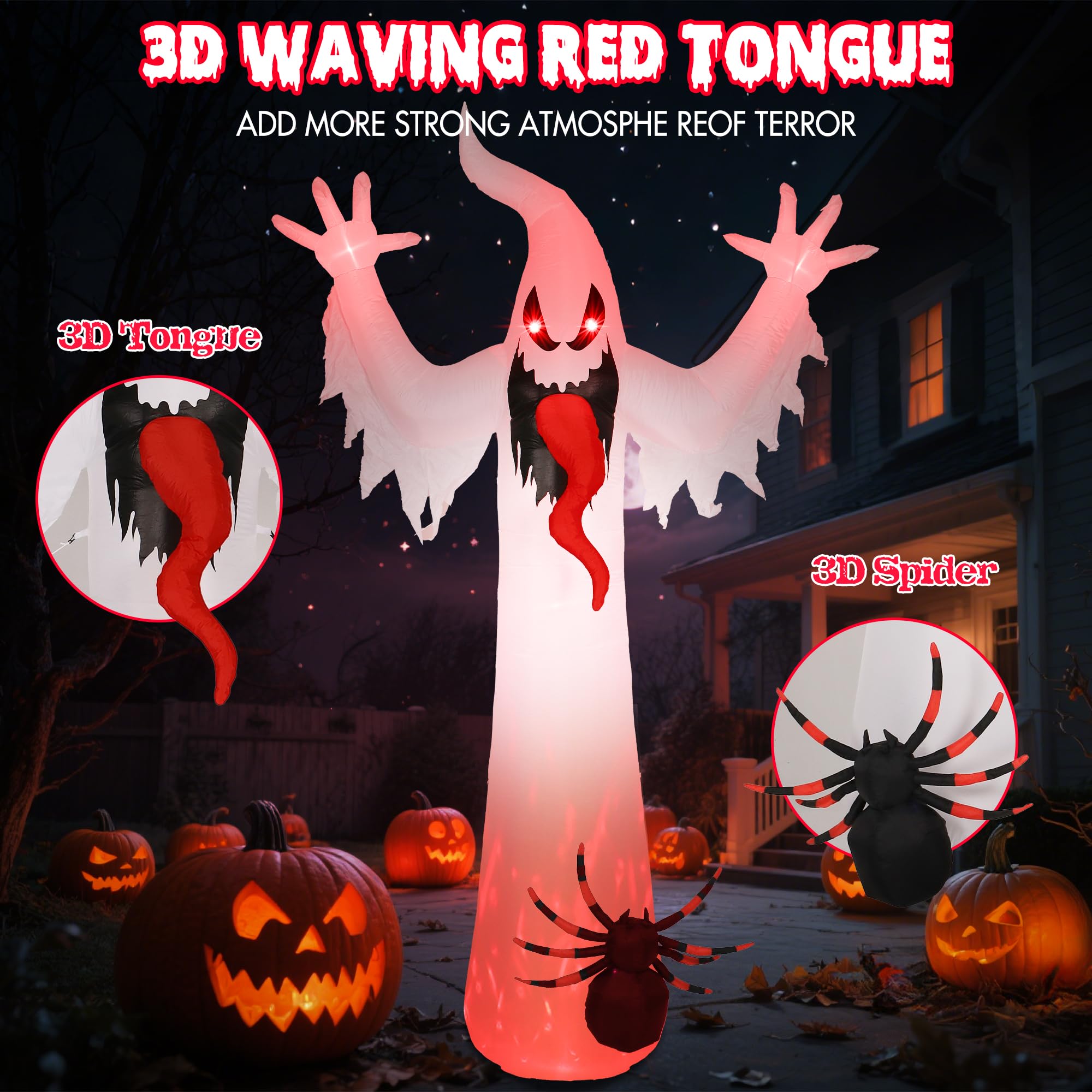 Quntis 12FT 8-Color Changing Halloween Inflatables Outdoor,Led Lighted Inflatable Spooky Ghost Spider Blow Up Yard Decorations with Scary Sound for Halloween Party Indoor,Yard,Garden,Lawn Decorations
