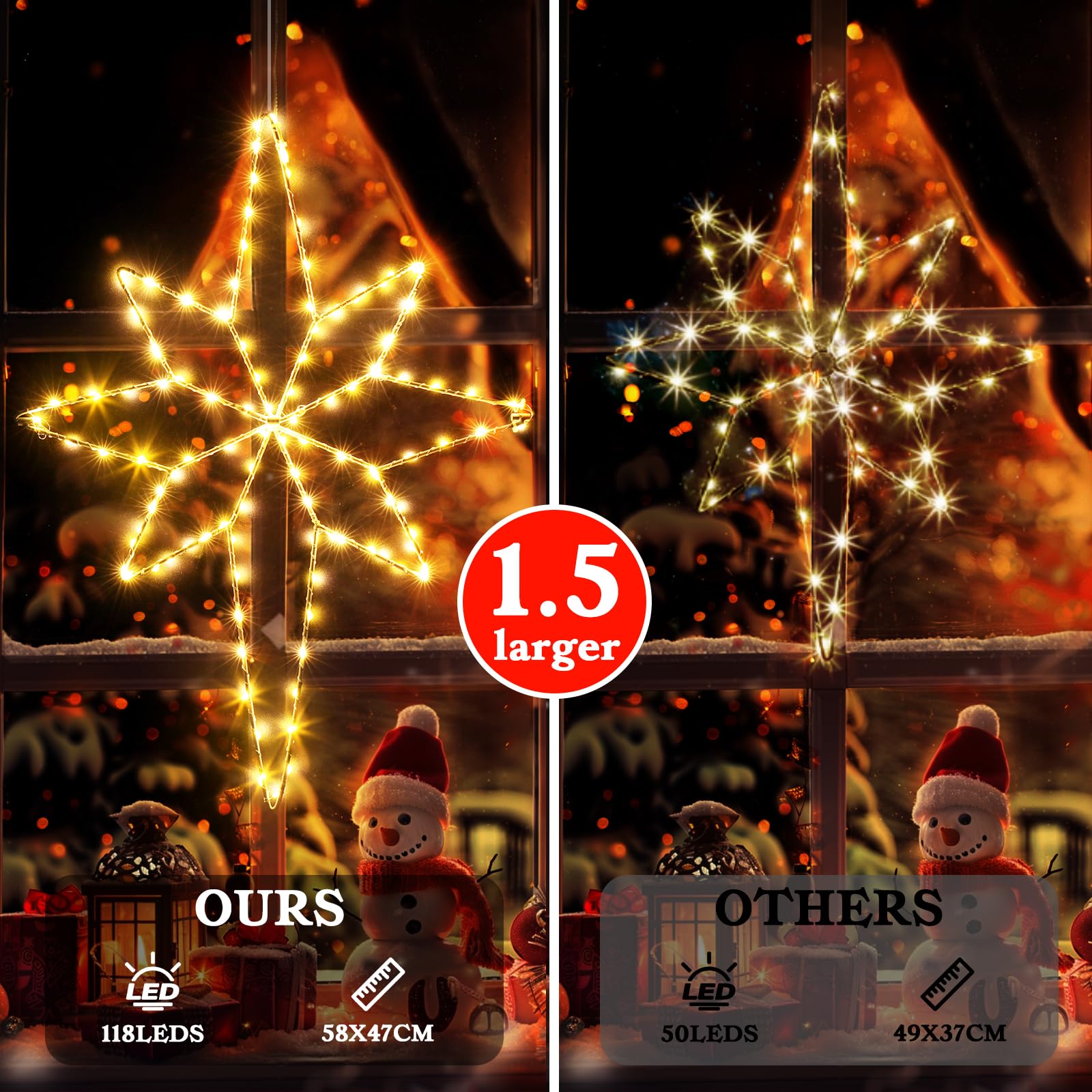 Quntis Luces de Ventana Estrella de Belén de 58cm, 118LEDs, Alimentación a Batería con 8 Modos y Temporizador, Blanco Cálido para Decoración Navideña Interior/Exterior (1 Paquete)