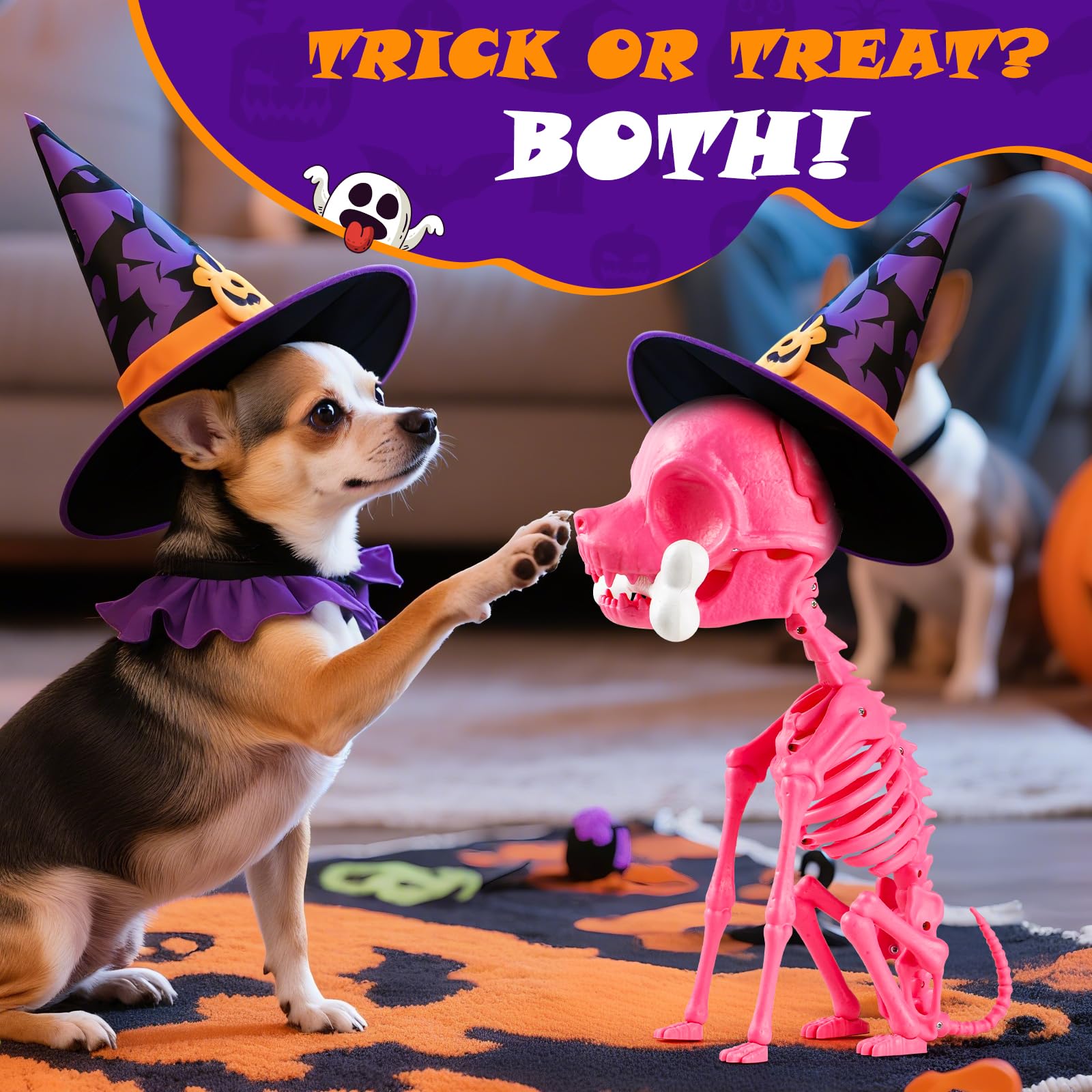 Quntis Halloween Skeleton Dog Decor - 15inch Pink Cute Puppy Bones - Realistic ABS Animal Skeleton for Outdoor Indoor Graveyard Party Display, 2025 Showstopper Halloween Decorations