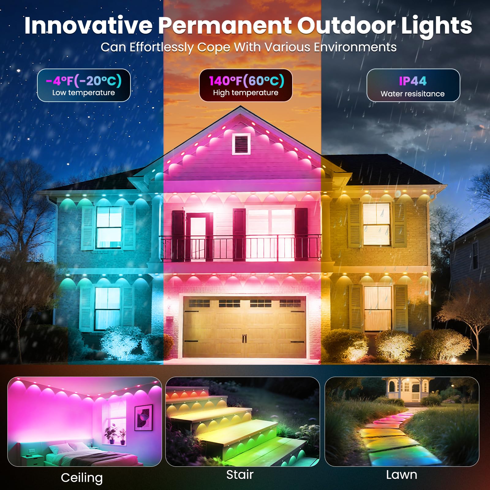 Quntis Permanent Outdoor Lights, Smart RGBIC DreamColor Eaves Lights,50FT,IP67 Waterproof LED String Lights for Holiday, Patio & Year-Round Decor (App/Remote Control).