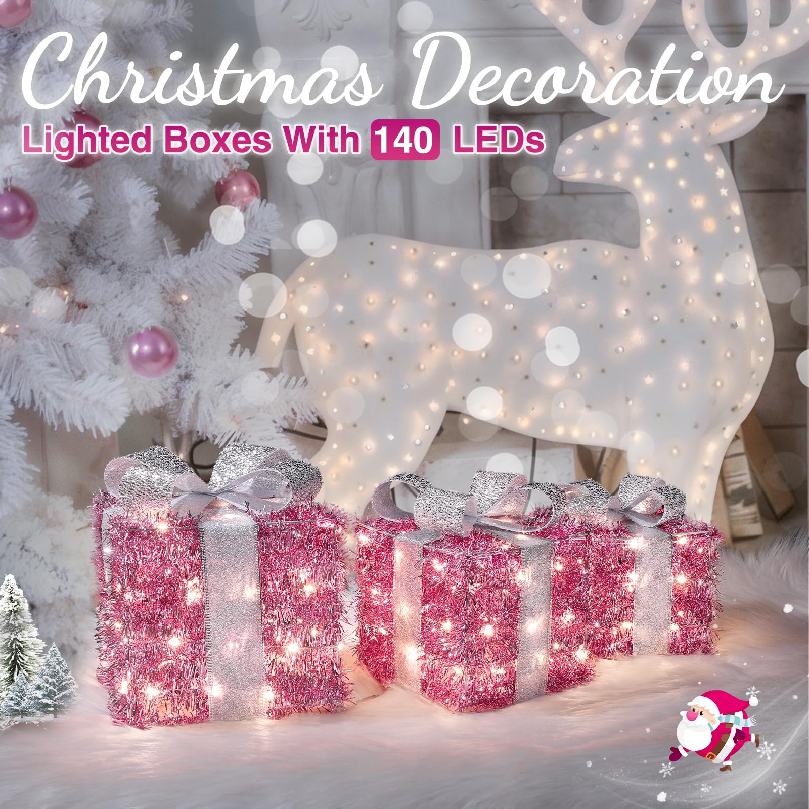 Quntis Christmas Lighted Gift Boxes, Pink Christmas Decorations Indoor 8 Modes & Timer Function Set of 3 Plug-in Light Up Present Boxes Christmas Decor 140 LEDs for Holiday Party Xmas Indoor Outdoor