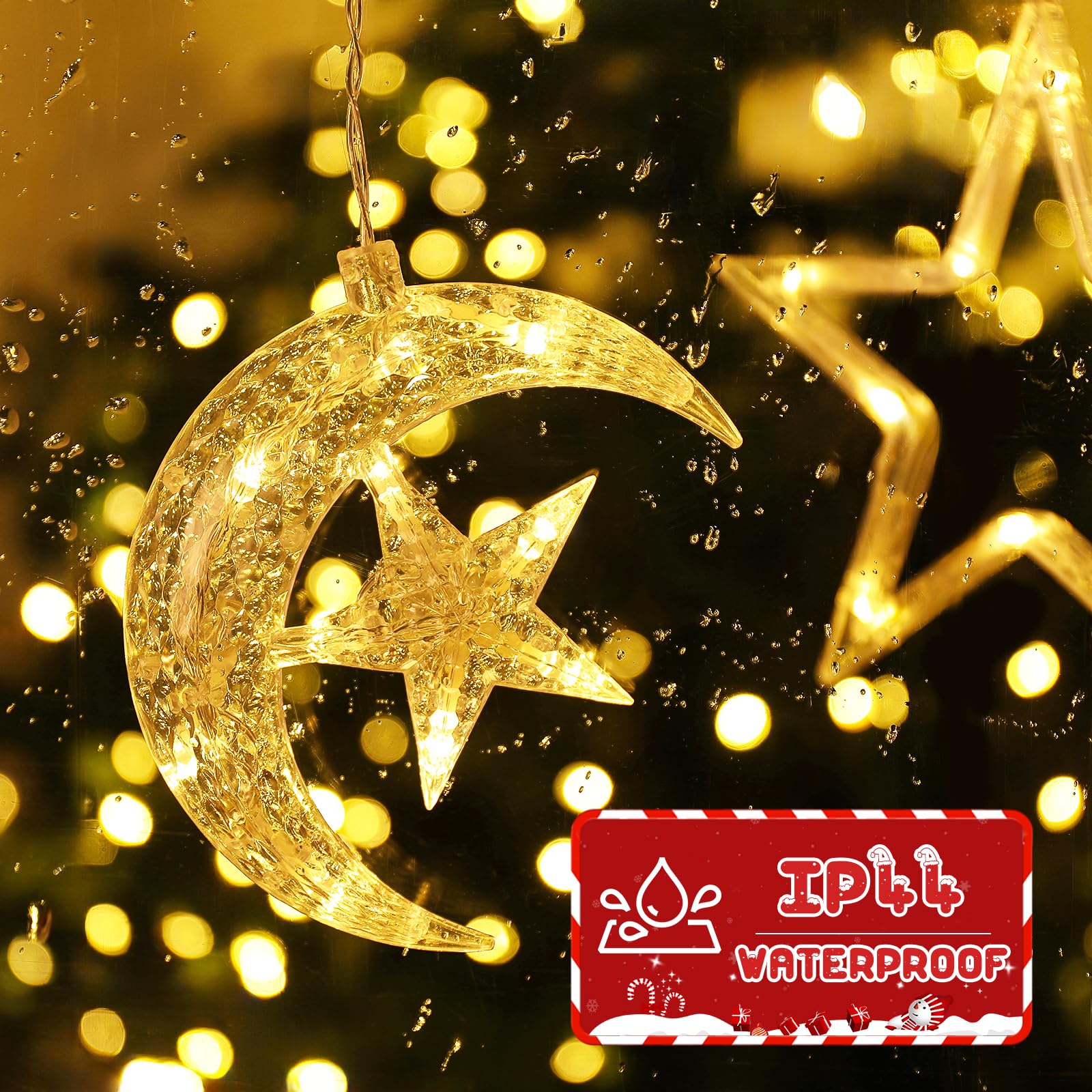 Quntis クリスマスウィンドウライト、9パック 125LED バッテリー駆動の星と月のハンギングウィンドウライト、8モード、防水屋内外装飾、ホリデー、パーティー、ホームデコ