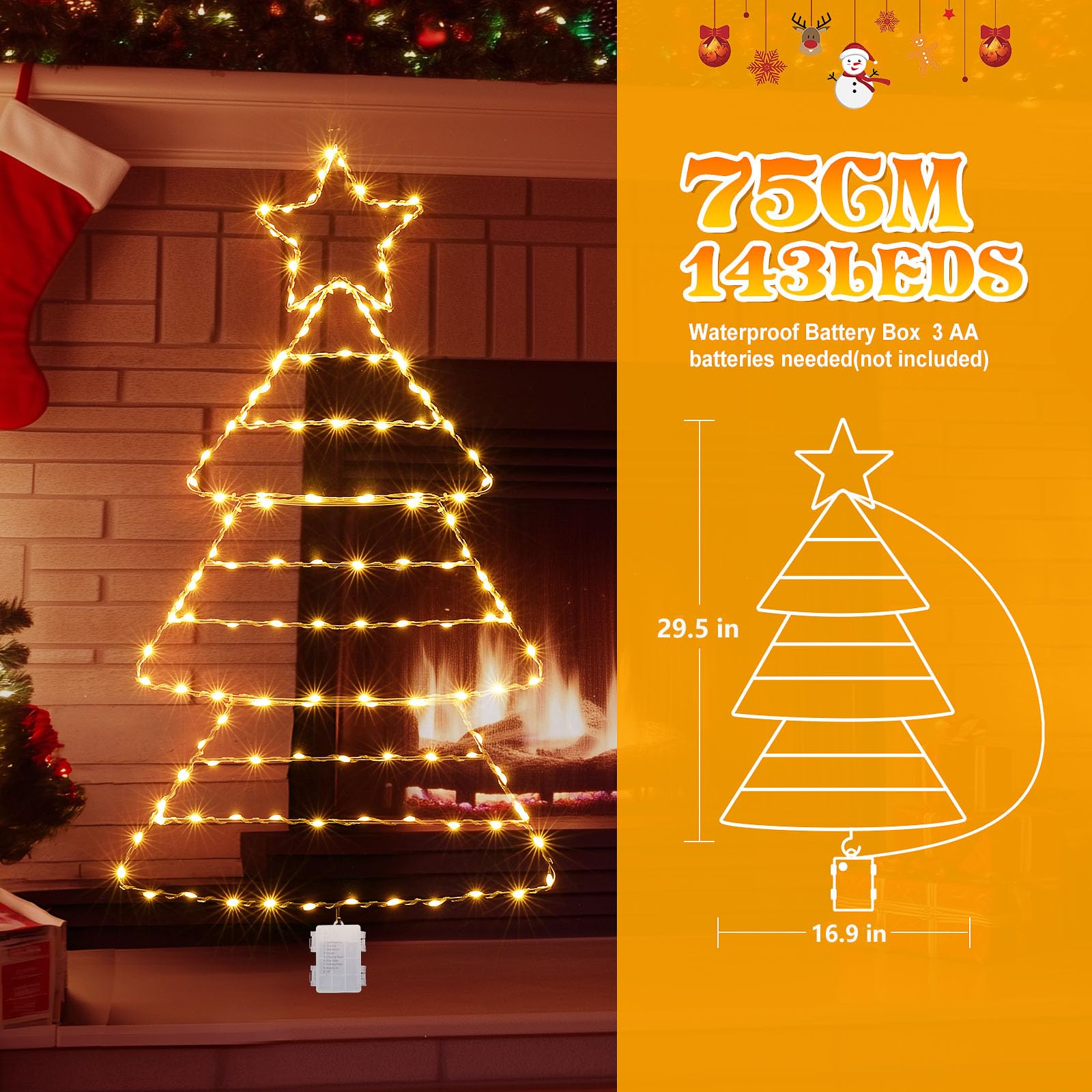 Quntis Christmas Decoration Lights, Foldable Color Changing Christmas Window Lights with Timer & 8 Modes, Waterproof Battery Powered Christmas Tree Ladder Lights for Xmas Indoor Outdoor Décor