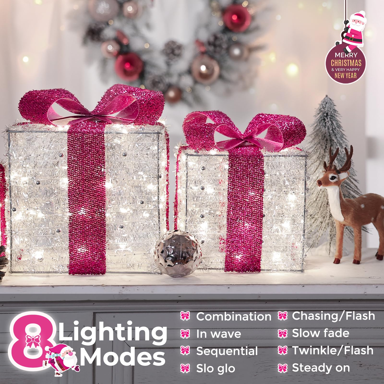 Quntis Christmas Decorations, Set of 3 Valentine's Day Gift Boxes with 140 LED Lights, 8 Flash Modes Lighted Present Boxes, Hot Pink Bow Xmas Boxes for Christmas Tree Indoor Outdoor Home Front Door