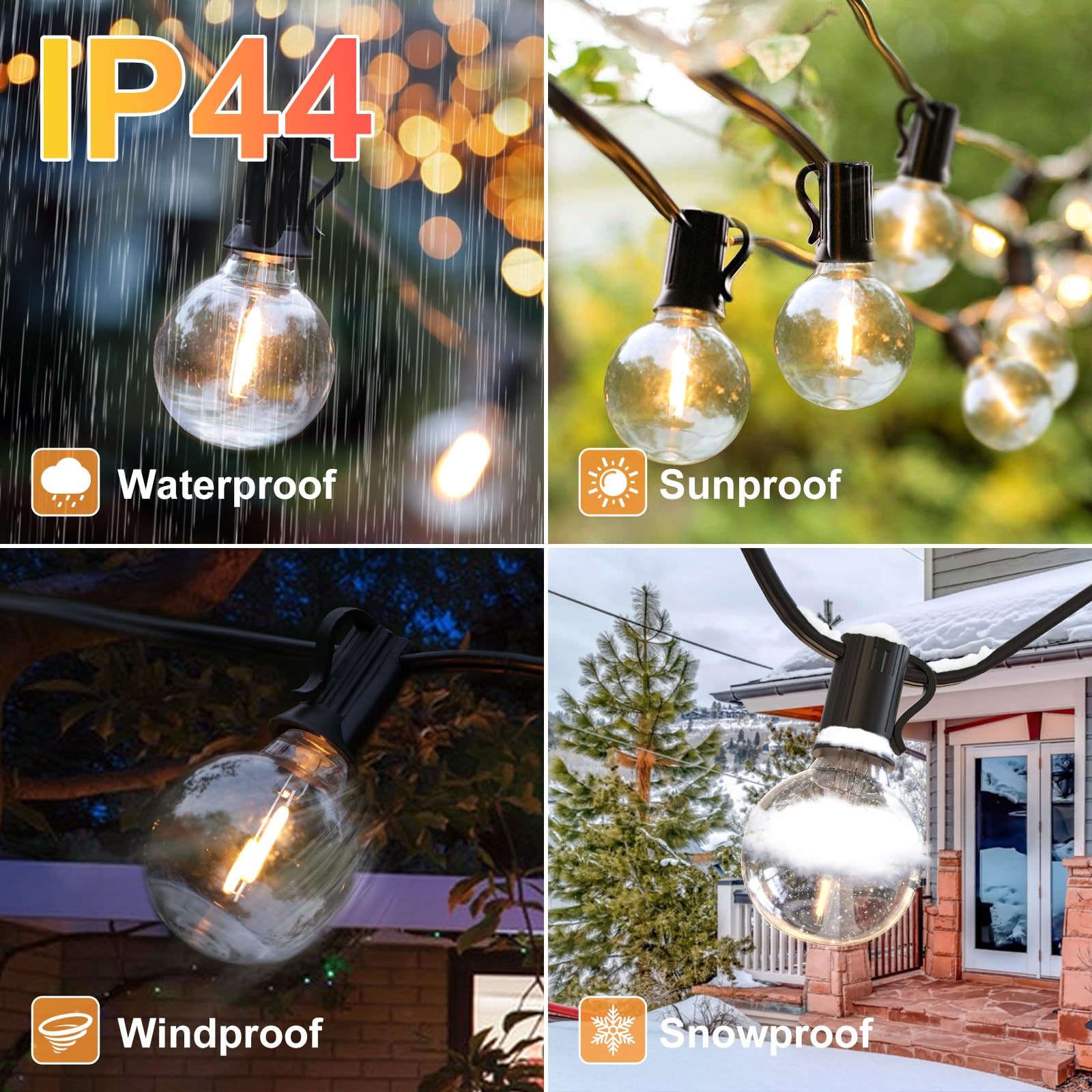 Quntis Solar String Lights Outdoor Waterproof with Remote 4 Light Mode, 106ft 50+3 Bulbs Type-C & Solar Powered G40 LED String Lights with Dimming, Shatterproof Hanging Lights for Backyard Decor