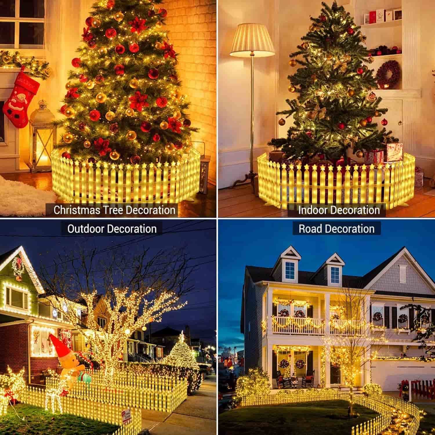 Quntis 8 Pack 288LED Christmas Tree Fence,Lighted Christmas Decorative Fence Xmas Tree Pattern with 8 Modes&Memory Function Connectable,Waterproof Picket Fence for Garden Christmas Tree Decoration