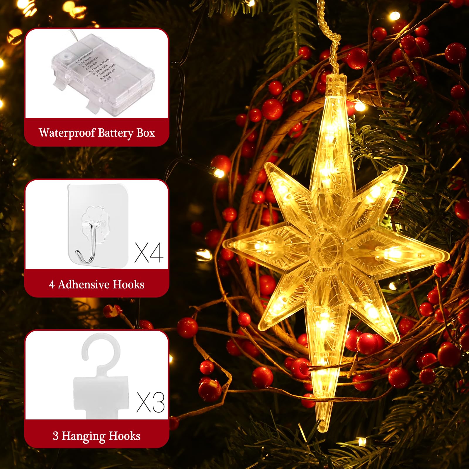 Quntis 3-in-1 Christmas Star Lights – LED Indoor & Outdoor Christmas Lights for Windows, Kitchen, Living Room, Dining Room, Warm White