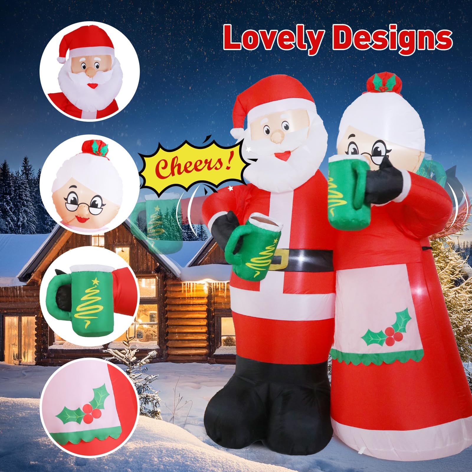 Quntis 7FT Animated Christmas Inflatables Santa Claus Outdoor Decorations, Cheers Santa Inflatable Christmas Decorations with Built-in LEDs, Christmas Blow Up Yard Decorations for Garden Lawn Outdoor