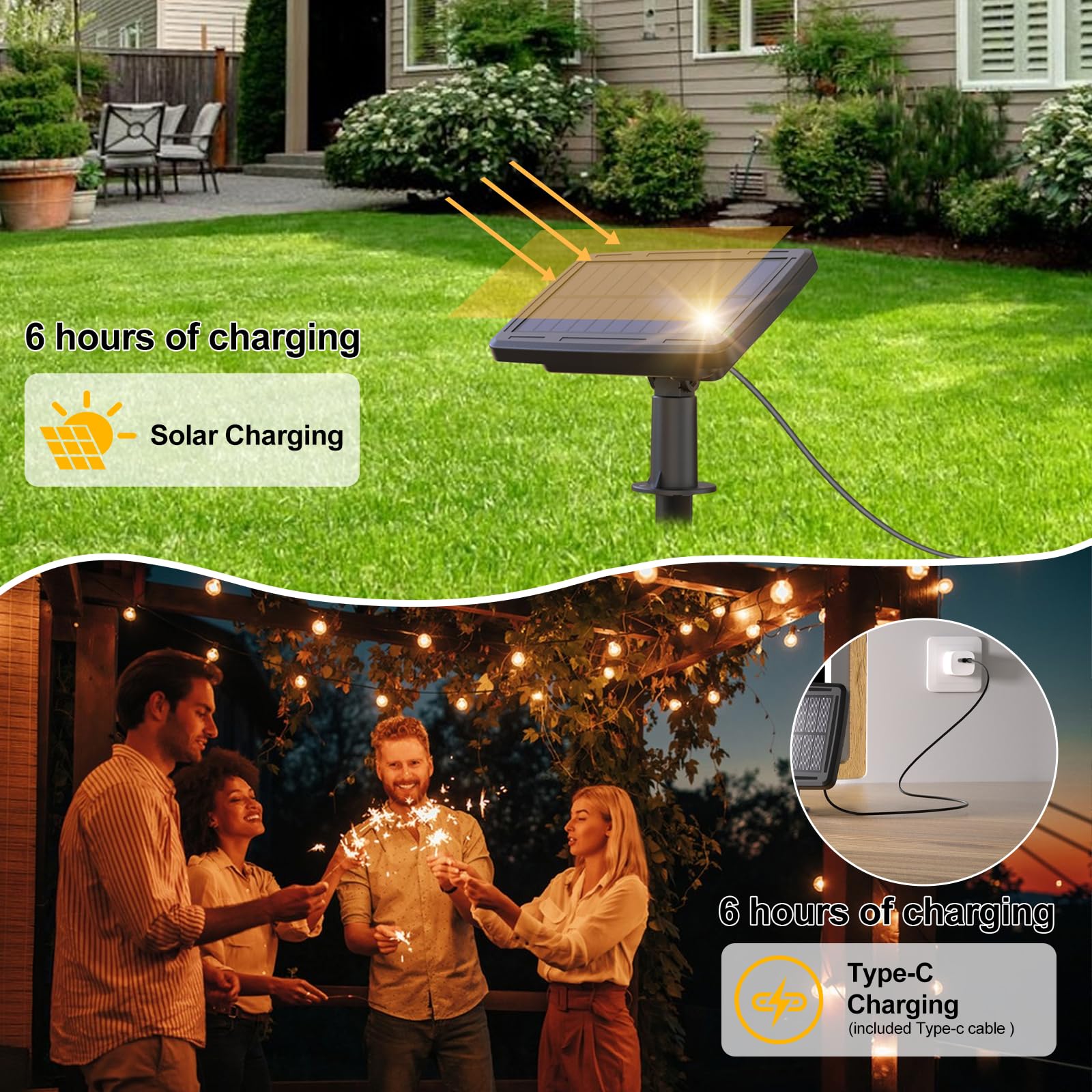 Quntis Solar String Lights Outdoor Waterproof with Remote 4 Light Mode, 106ft 50+3 Bulbs Type-C & Solar Powered G40 LED String Lights with Dimming, Shatterproof Hanging Lights for Backyard Decor