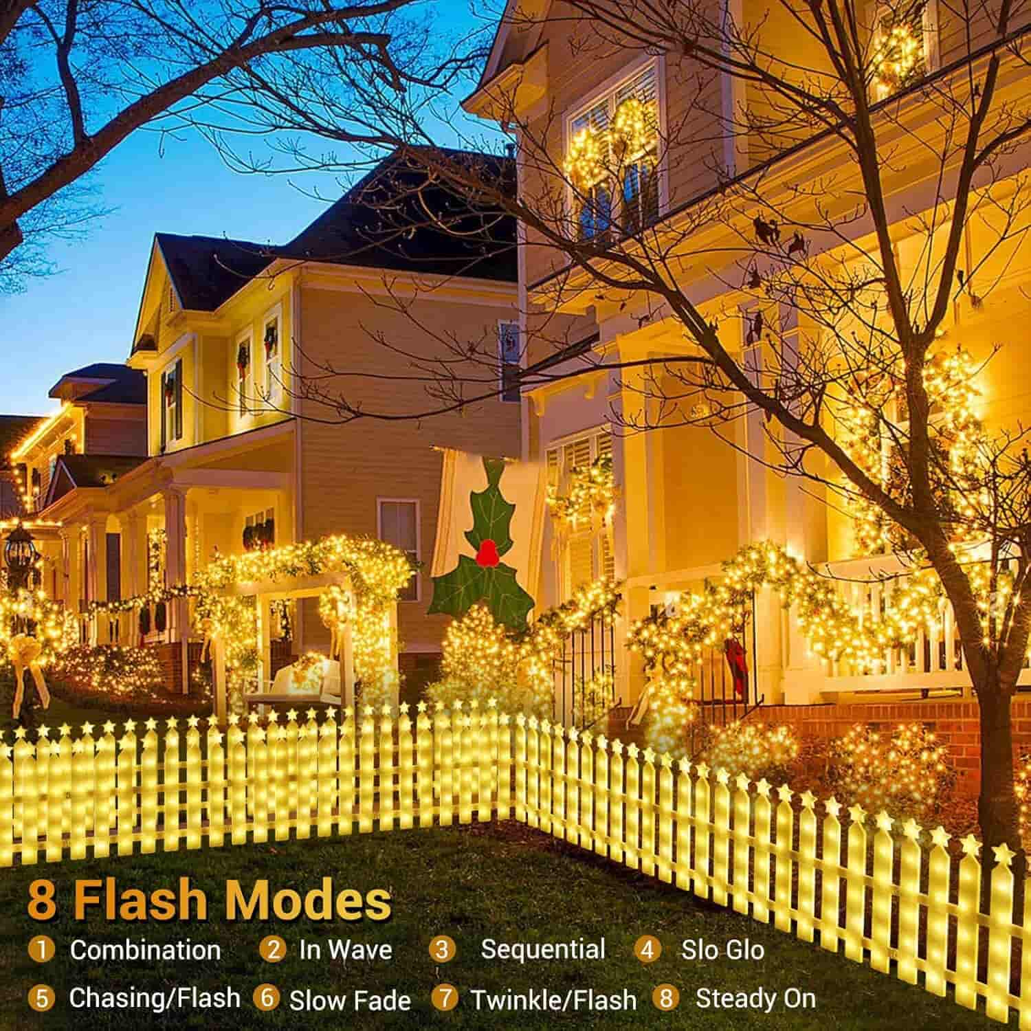 Quntis 8 Pack 288LED Christmas Tree Fence,Lighted Christmas Decorative Fence Xmas Tree Pattern with 8 Modes&Memory Function Connectable,Waterproof Picket Fence for Garden Christmas Tree Decoration
