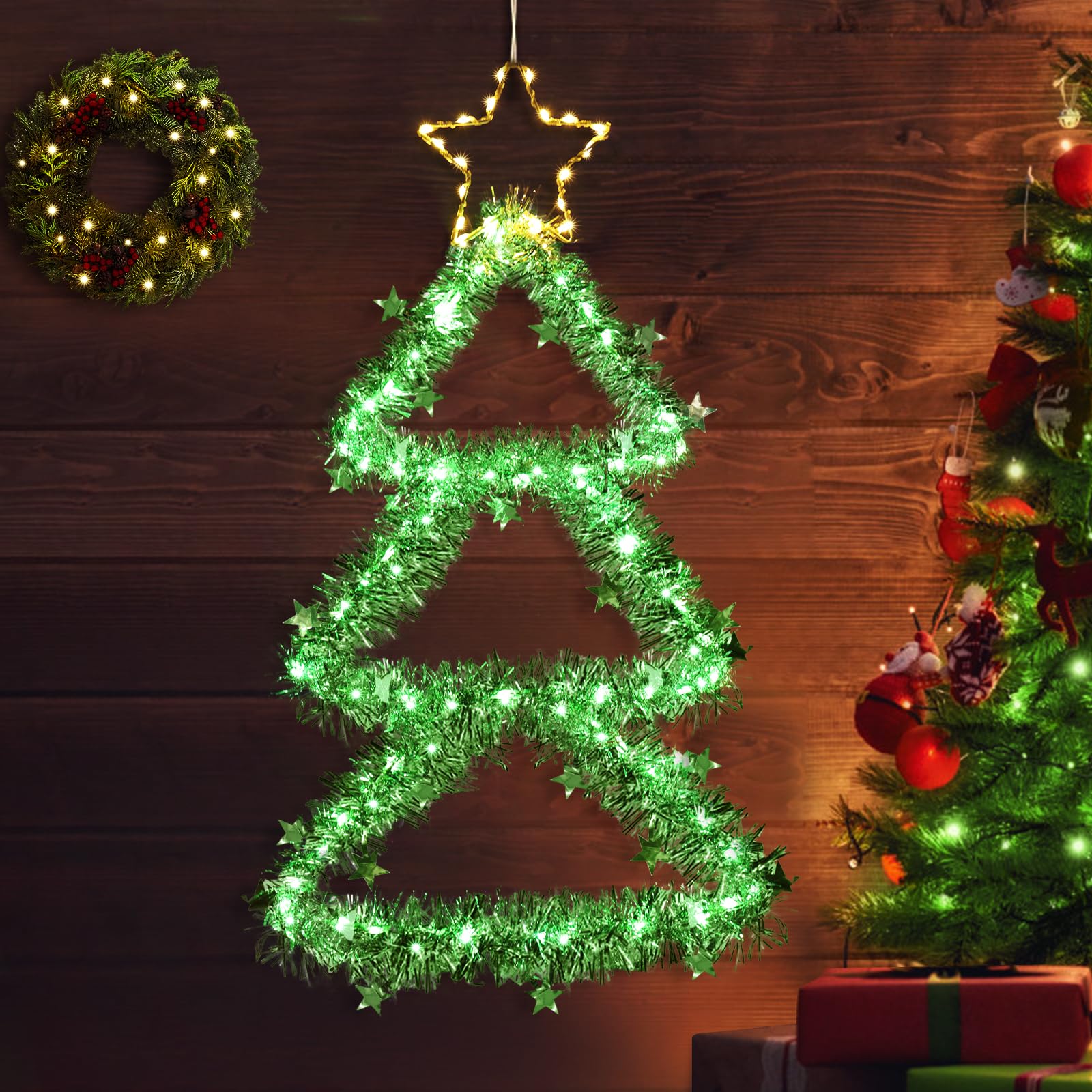 Quntis LED Christmas Decorations Lights, Green Lighted Christmas Tree with Silver Tinsel and Warm White Star Topper, Battery Operated Hanging Lights for Indoor Outdoor, Window Wall Door Home Decor
