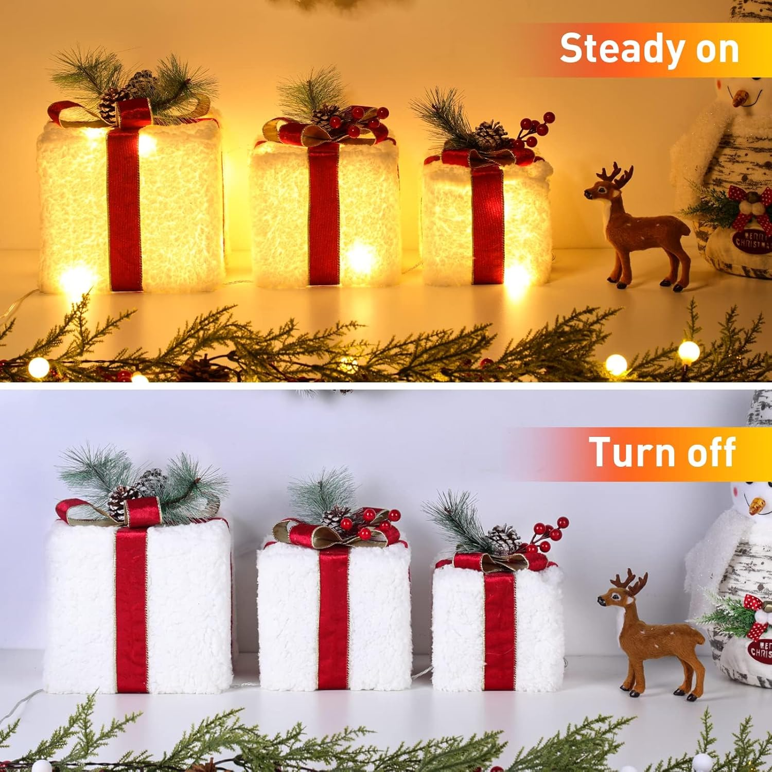 Christmas Lighted Gift Boxes, 8 Modes & Timing Function Set of 3 Plug-In Light Up Present Boxes with 60 LEDs Christmas Decorations Indoor Home Decor Christmas