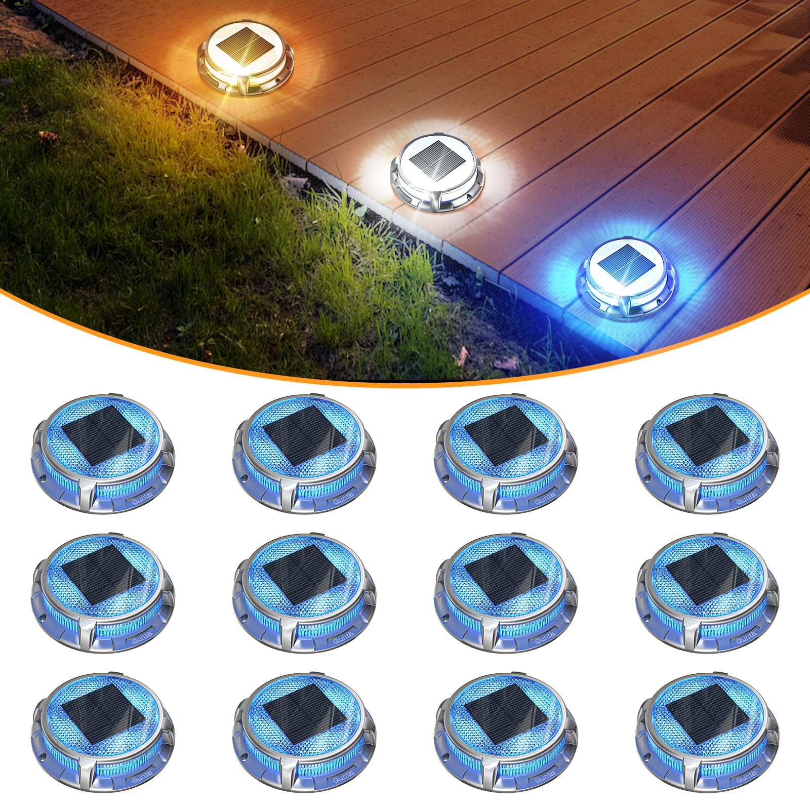 Solar Decklichter, 3 Farben in 1 Solarlichter für den Außenbereich, IP68 wasserdichte Solar-Docklichter mit Erdspießen, breiter Beleuchtungsbereich für Einfahrt, Garten, Treppe, Weg und Gehweg.