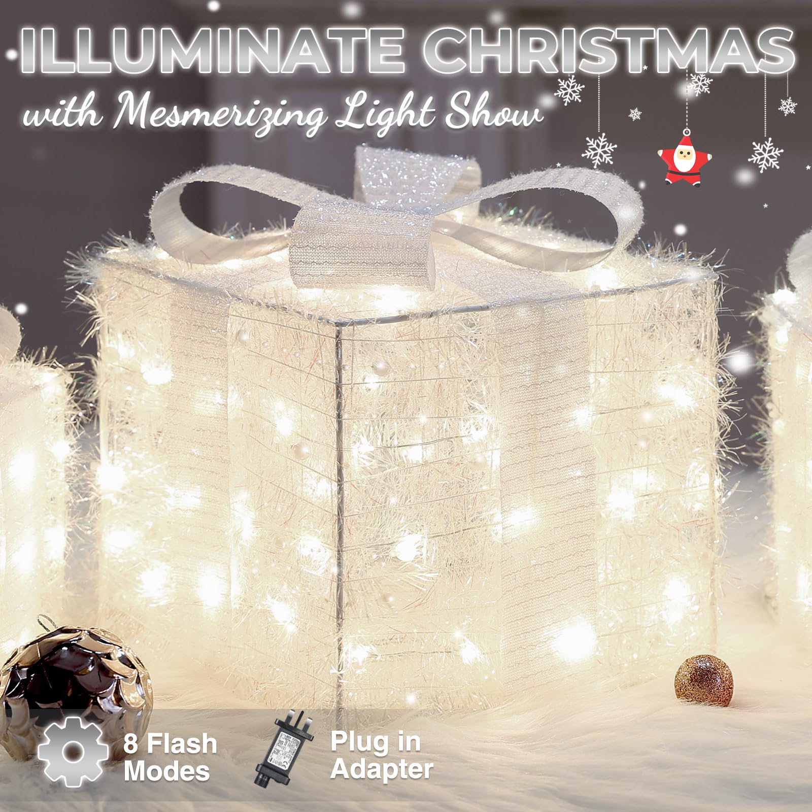 Quntis Christmas Lighted Gift Boxes, Set of 3 Christmas Decoration Present Boxes with 140 LED Lights, 8 Flash Modes Christmas Decor Plug in,Xmas Boxes for Christmas Tree Indoor Outdoor Home Front Door
