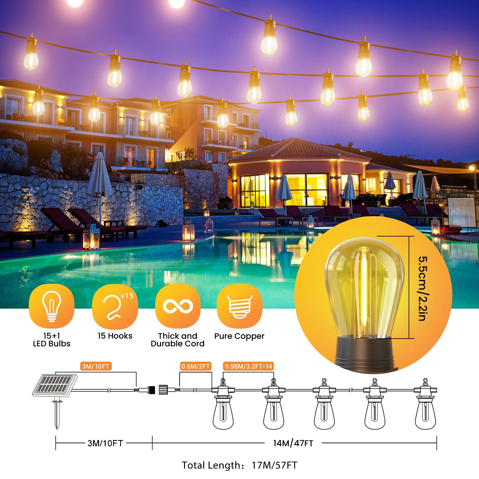 GlobaLink Solar Festoon Lights Outdoor, 57ft/17M S14 Dimmable Outdoor String Lights Solar Powered with Remote Control, IP65 Waterproof Outside Solar Lights with 4 Modes & Timer for Garden Patio Gazebo