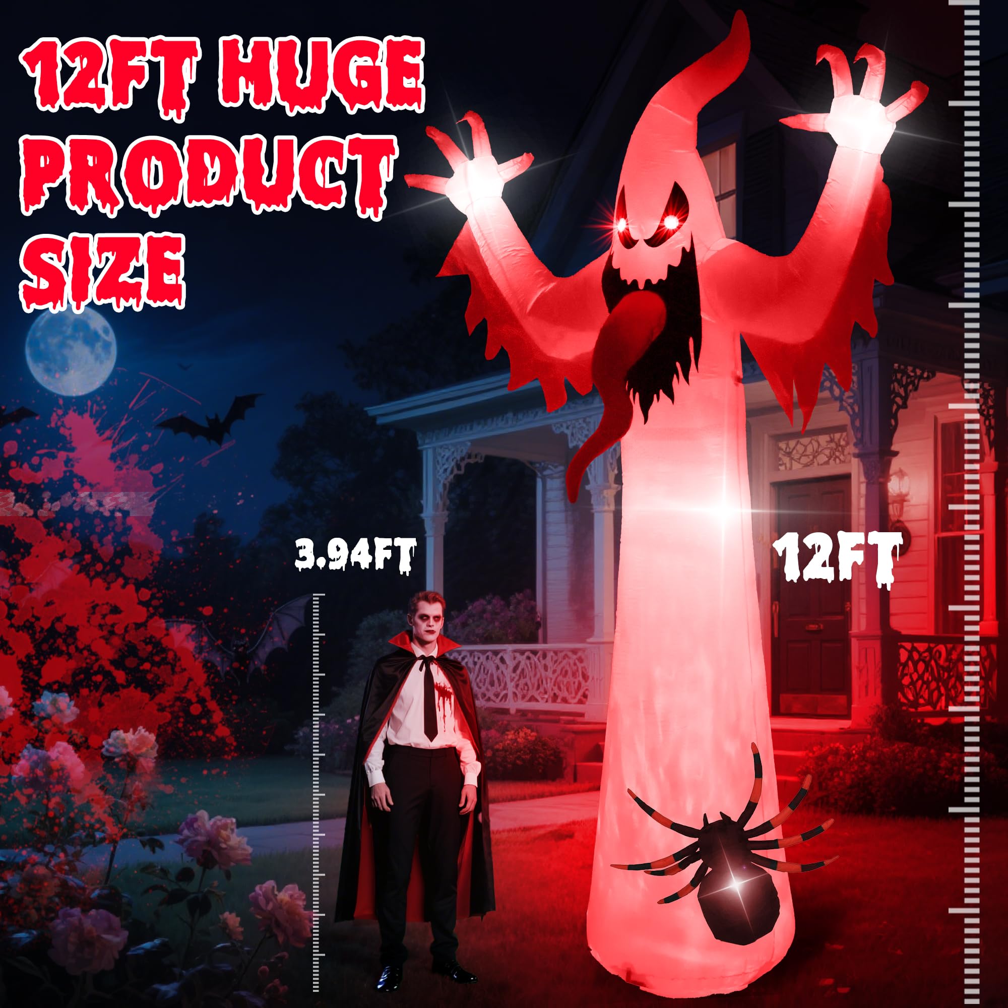 Quntis 12FT 8-Color Changing Halloween Inflatables Outdoor,Led Lighted Inflatable Spooky Ghost Spider Blow Up Yard Decorations with Scary Sound for Halloween Party Indoor,Yard,Garden,Lawn Decorations