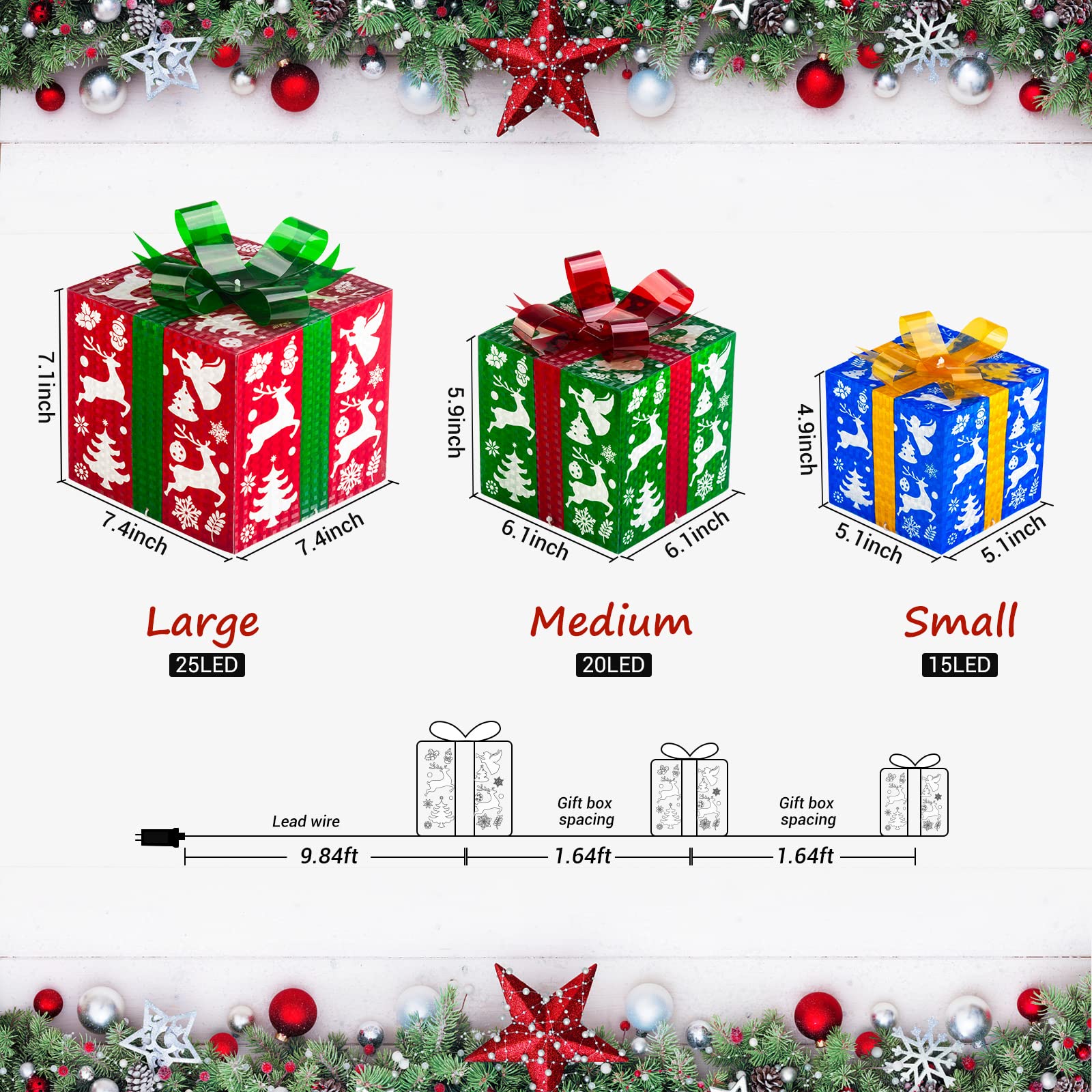 Christmas Decoration Lighted Boxes, Set of 3 with 60 LED lights, 8 Modes&Timer Function Present Boxes Plug in