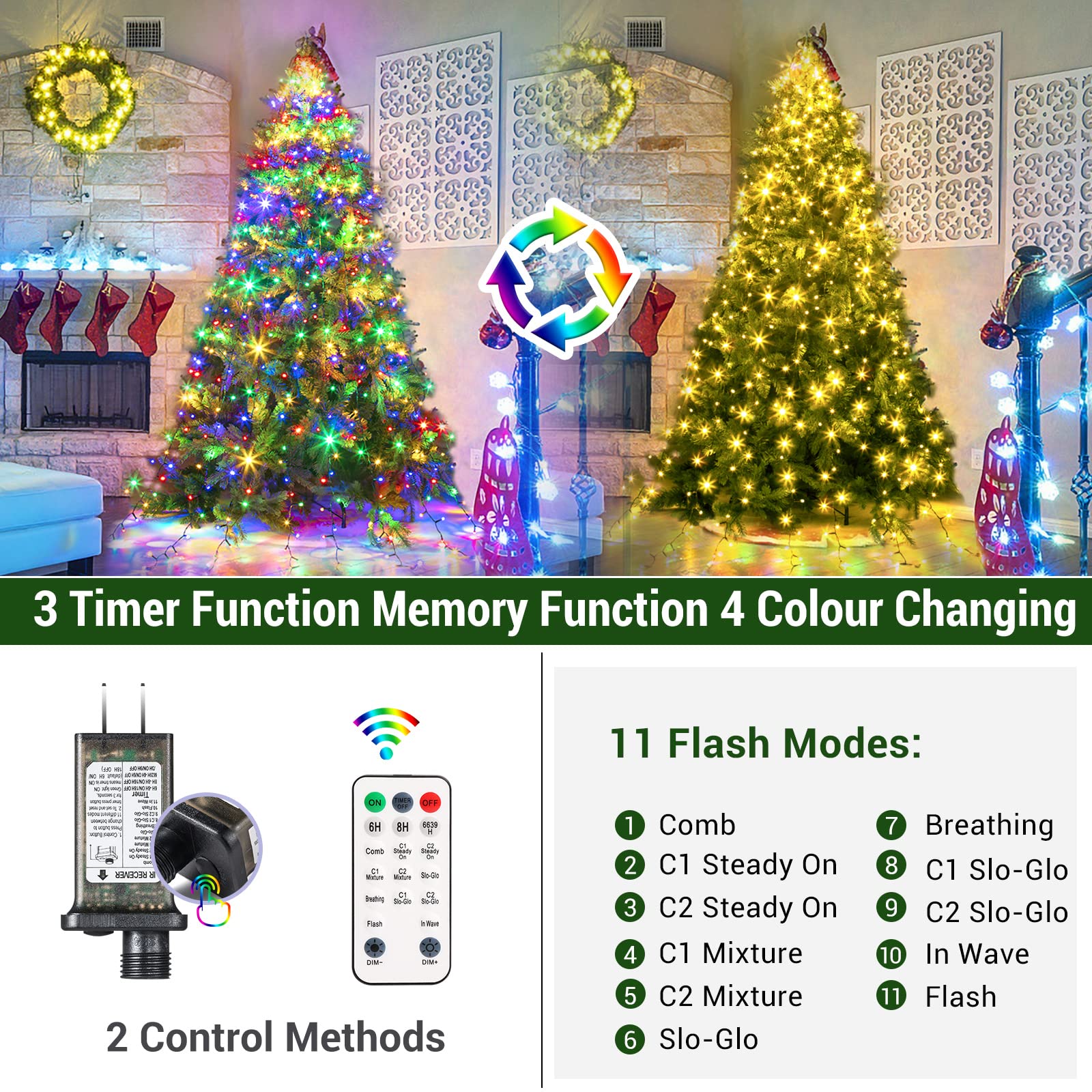 Quntis Color Changing XMAS Tree Lights – 400 Diamond LEDs, 11 Lighting Modes, 3 Timers, 4 Brightness Levels, Memory Function, 6.6FT x 10 Lines, Waterproof for Outdoor & Indoor Use