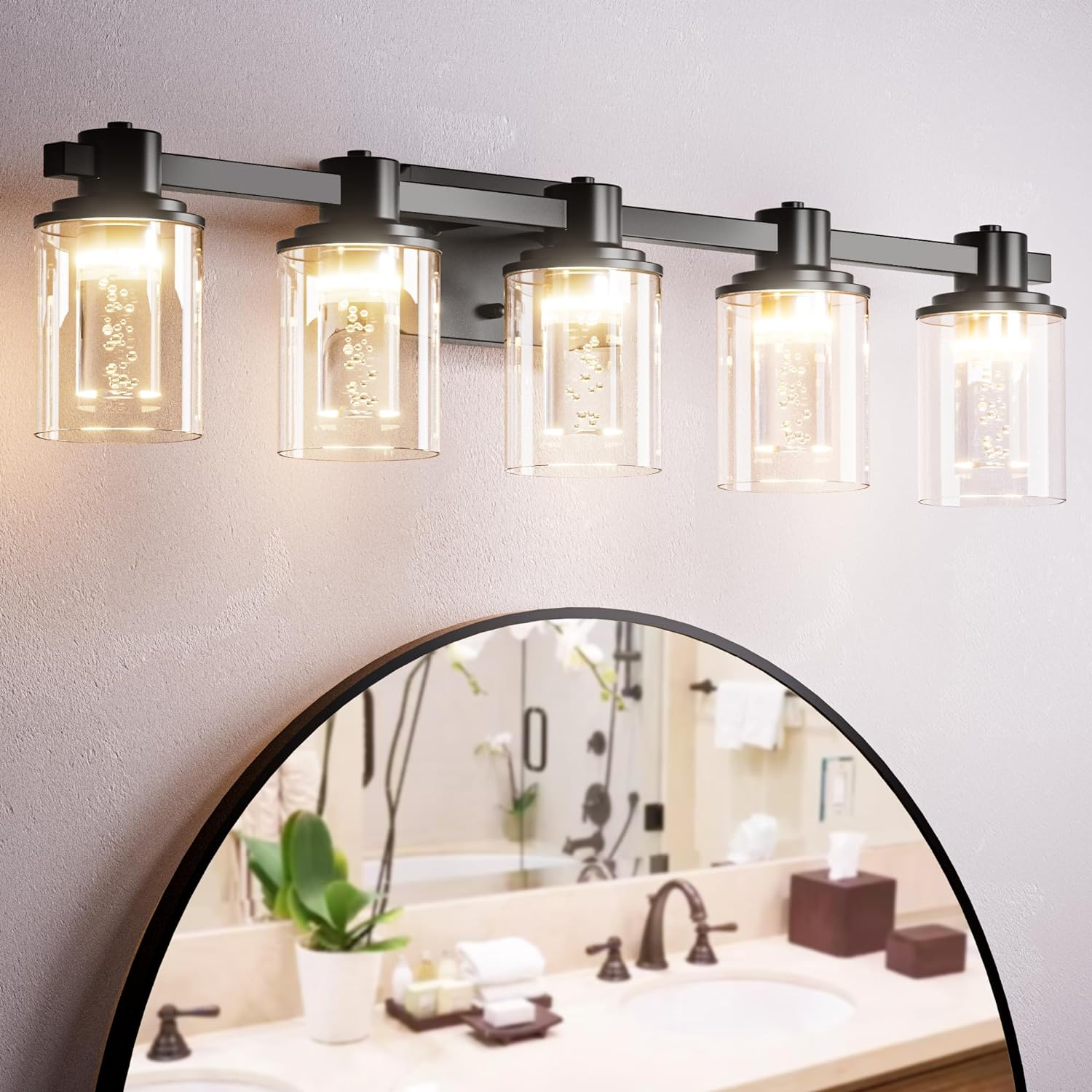 Quntis Aplique de baño moderno de cromo con 3 luces y pantallas de burbujas de cristal – Iluminación elegante para baño y hogar