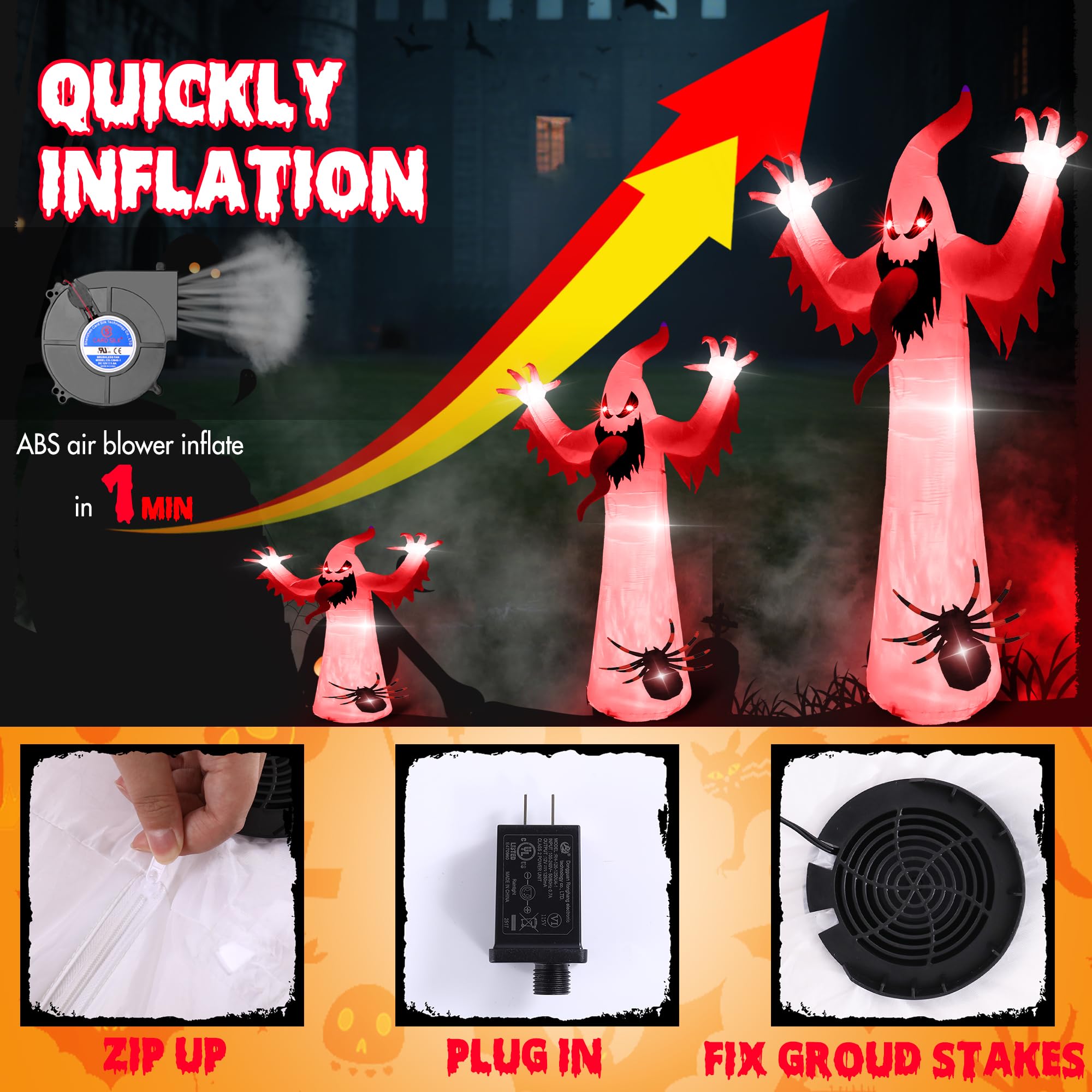 Quntis 12FT 8-Color Changing Halloween Inflatables Outdoor,Led Lighted Inflatable Spooky Ghost Spider Blow Up Yard Decorations with Scary Sound for Halloween Party Indoor,Yard,Garden,Lawn Decorations