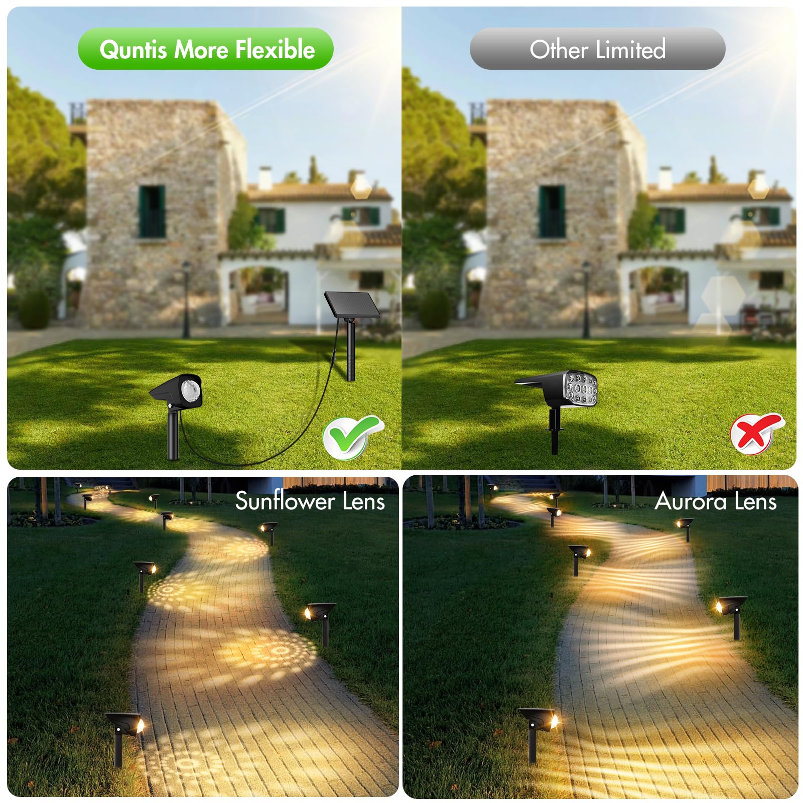 Quntis সোলার স্পট লাইটস আউটডোর ৪-ইন-১ সোলার ল্যান্ডস্কেপ লাইটিং ডাস্ক টু ডন সোলার আপলাইটস আইপি৬৫ ওয়াটারপ্রুফ