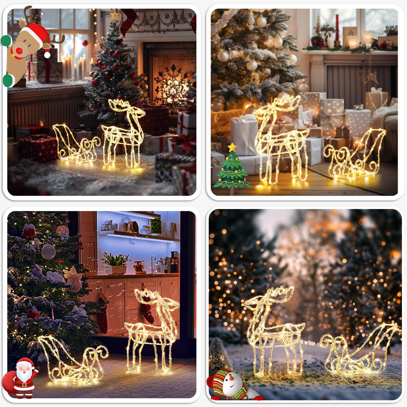 Quntis Set aus 2 Weihnachtslichtern – 3D-Elch zieht Schlitten Weihnachtsdeko, beleuchtete Acryl-Dekoration mit 100 LED-Lichtern für Innen- und Außenbereich Weihnachtsbaum, Garten, Rasen und Kamin