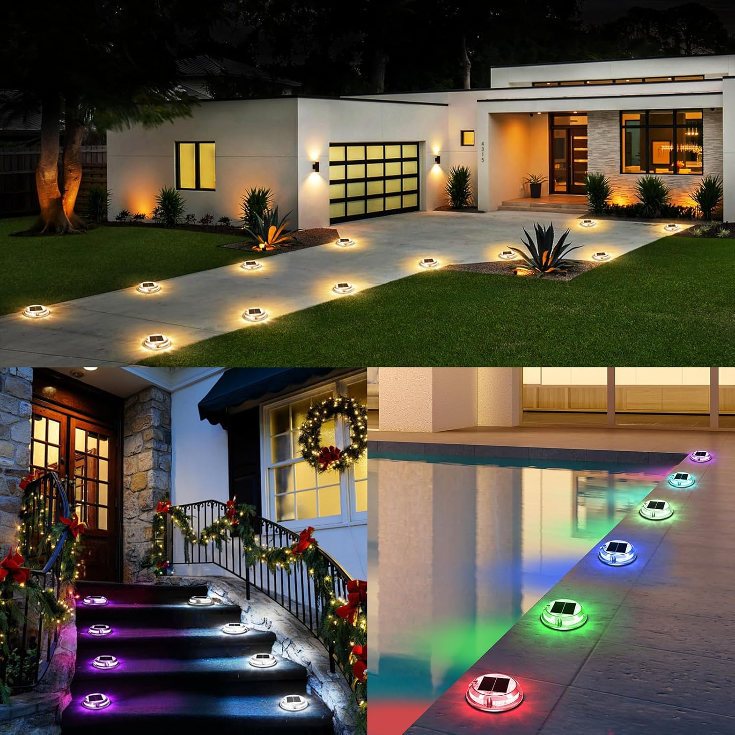 Quntis Luces de Deck Solares RGB para Navidad, 11 Modos de Iluminación Luces Solares para Entrada Exterior Impermeables IP68, Luces de Escalera Solares para Exterior, Luces de Deck Solares para Escaleras, Senderos y Caminos Paquete de 4